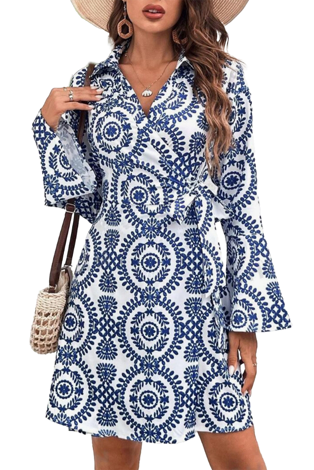 Blue Floral Print V Neck Wrapped Knot Long Sleeve Dress - 图片 5