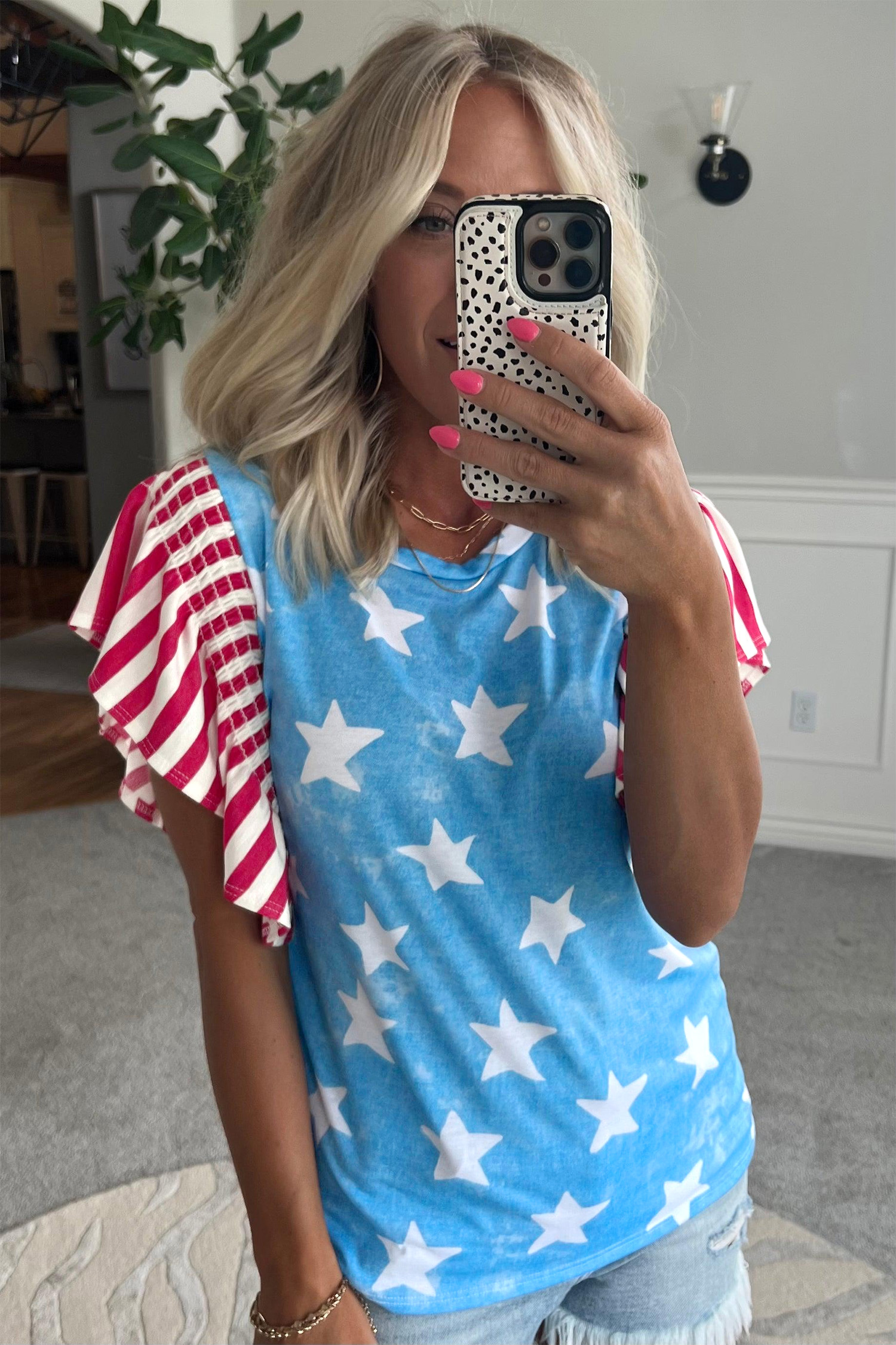 Sky Blue Vintage Star Print Striped Ruffle Sleeve Independence Day Top - 图片 4