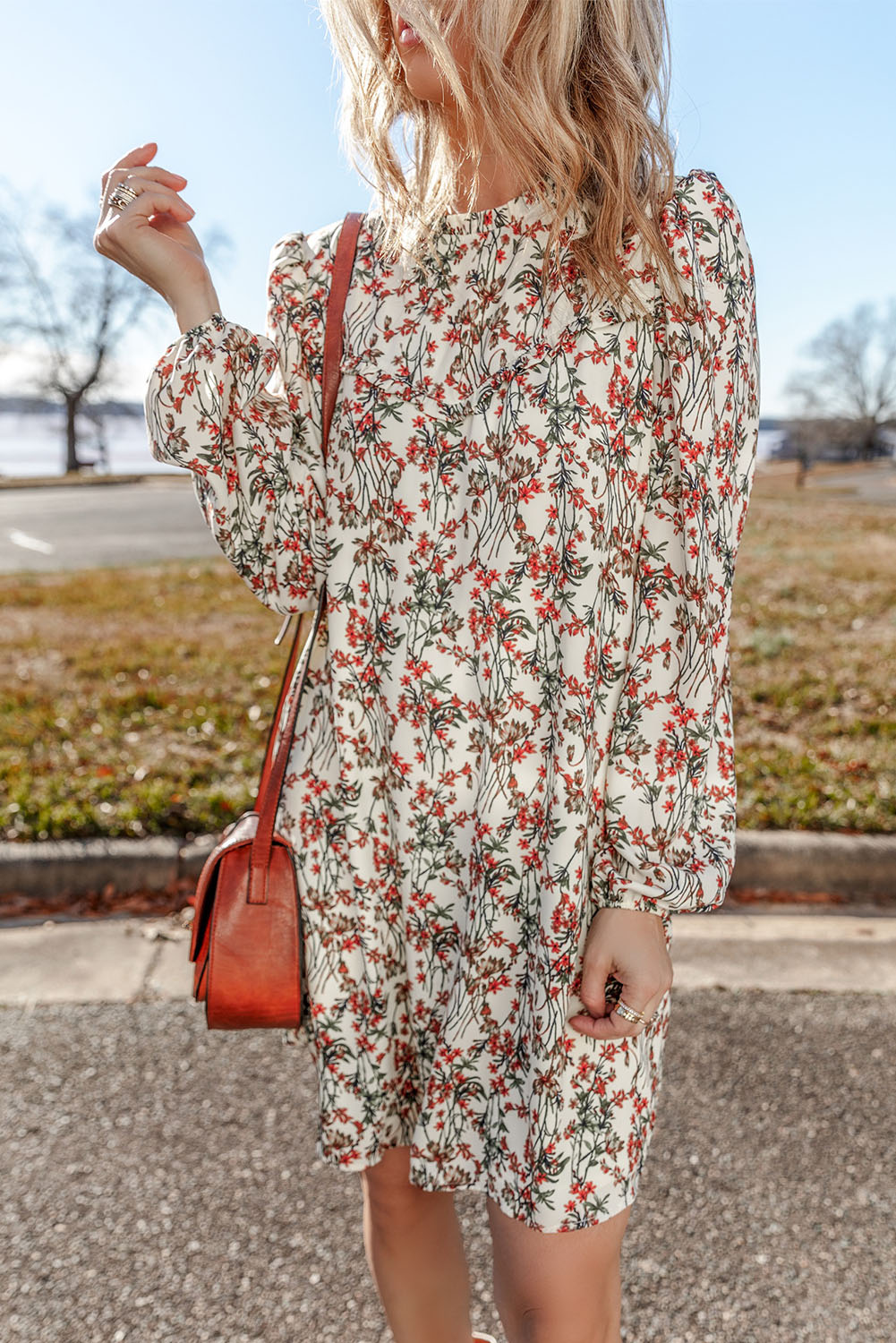 White Floral Printed Long Sleeve Mini Dress - 图片 3