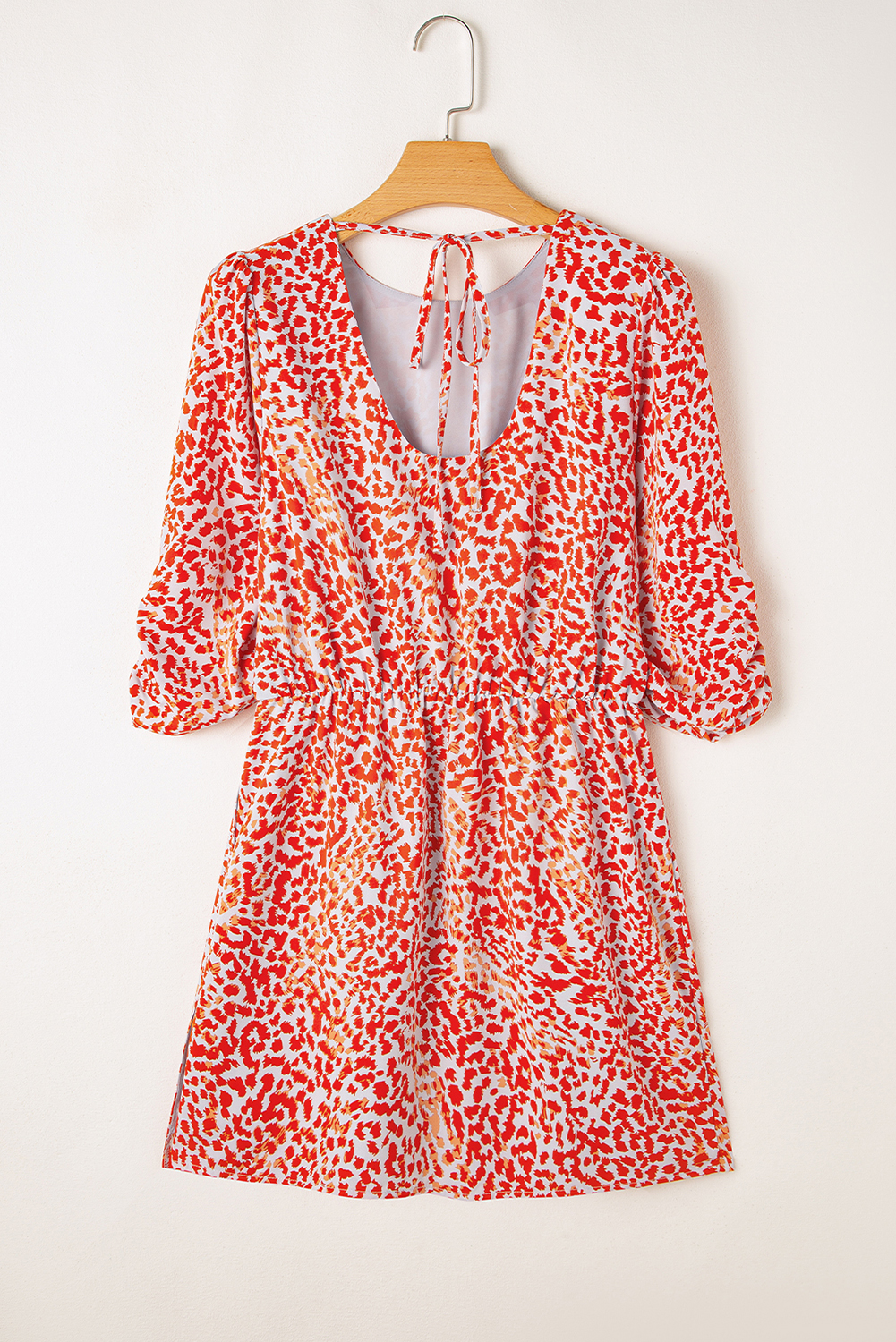 Tomato Red Leopard Print Long Sleeve Hollowed Back Split Mini Dress - 图片 8