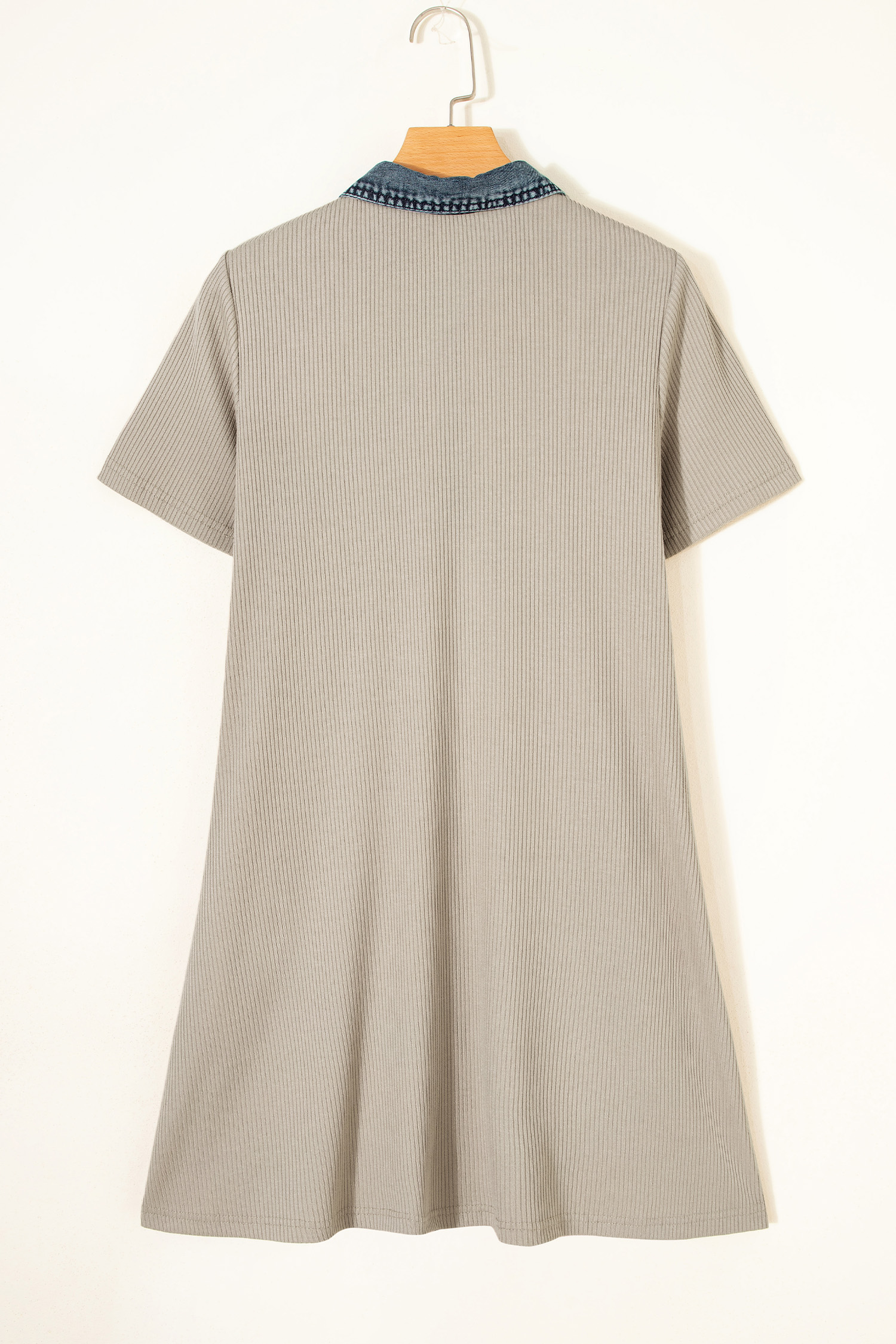 Beige Short Sleeve Ribbed Knit Denim Patchwork Polo Collar Dress - 图片 6