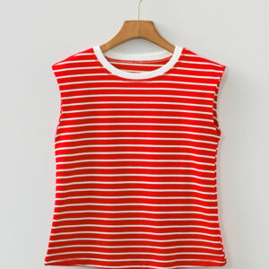Red Stripe Ribbed Round Neck Trim Loose Tank Top
