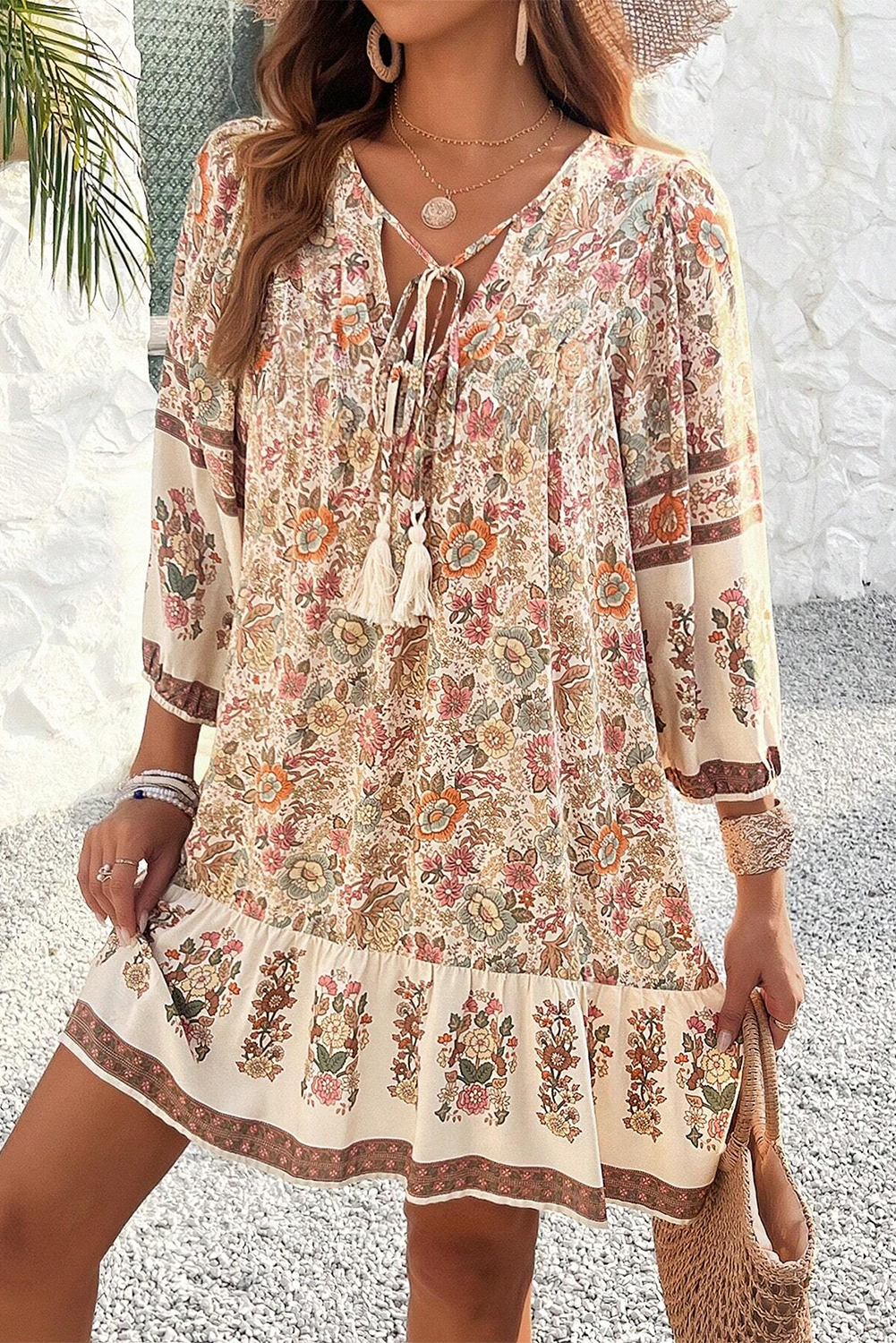 Apricot Floral Print Tassel Drawstring V Neck Loose Mini Dress - 图片 3