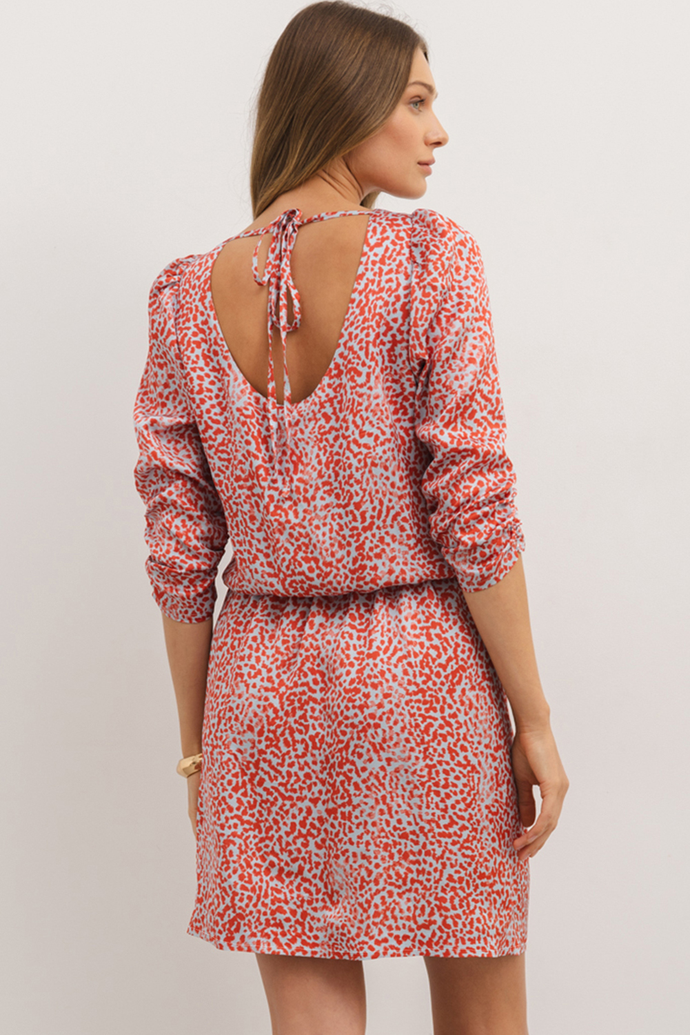 Tomato Red Leopard Print Long Sleeve Hollowed Back Split Mini Dress - 图片 6