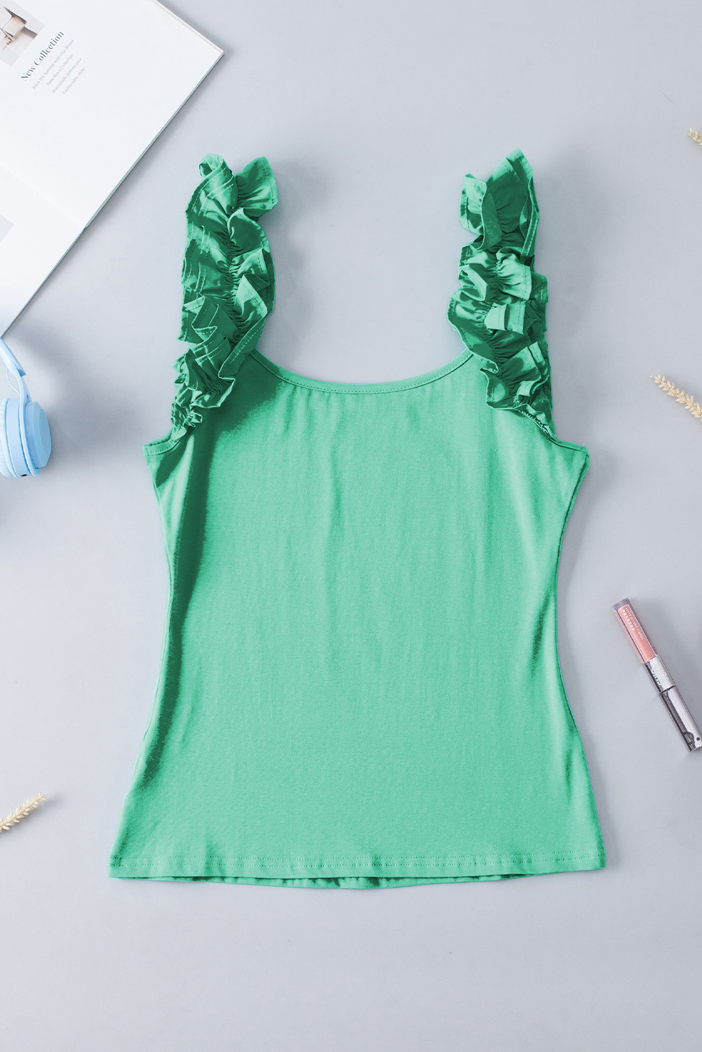 Mint Green Ruffled Wide Straps Slim Tank Top - 图片 6