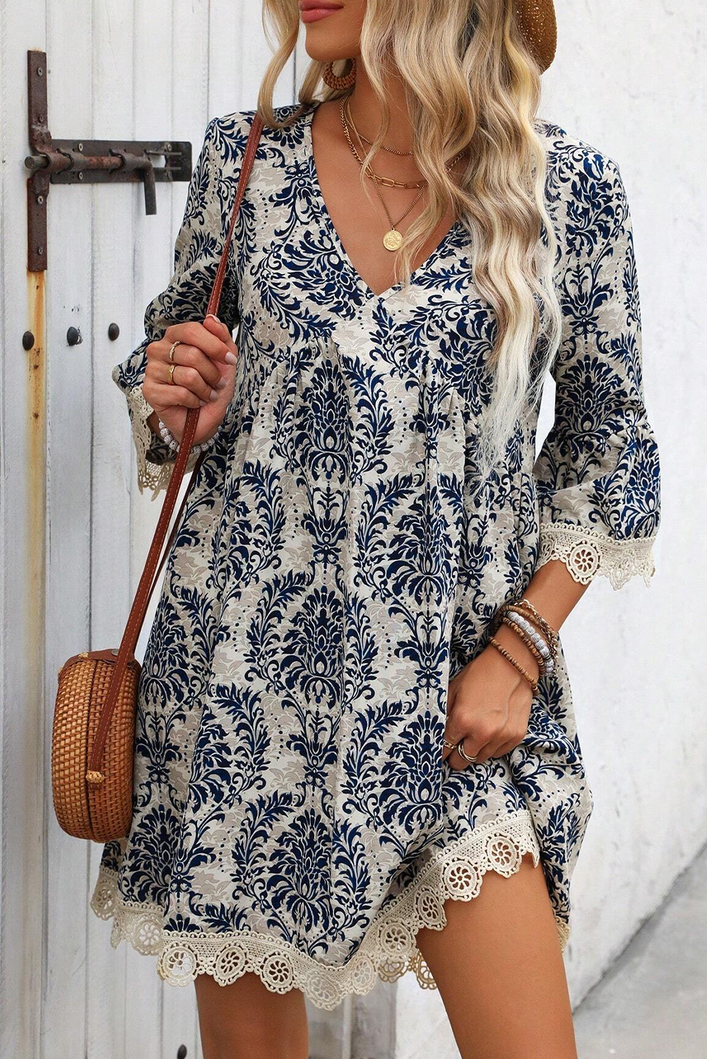 Sky Blue Vintage Printed Lace Trim V Neck 3/4 Sleeve Loose Dress - 图片 4