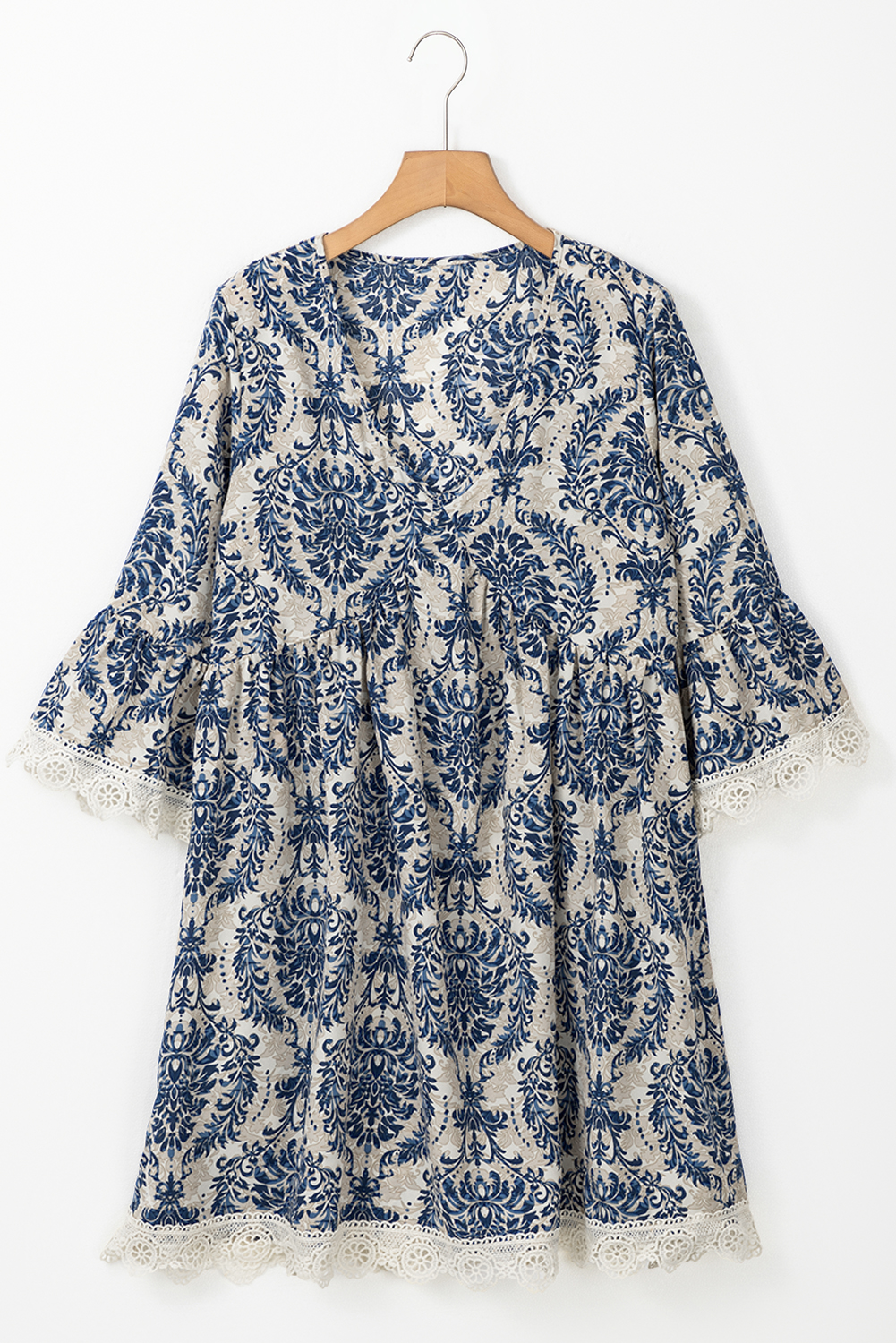 Sky Blue Vintage Printed Lace Trim V Neck 3/4 Sleeve Loose Dress - 图片 7