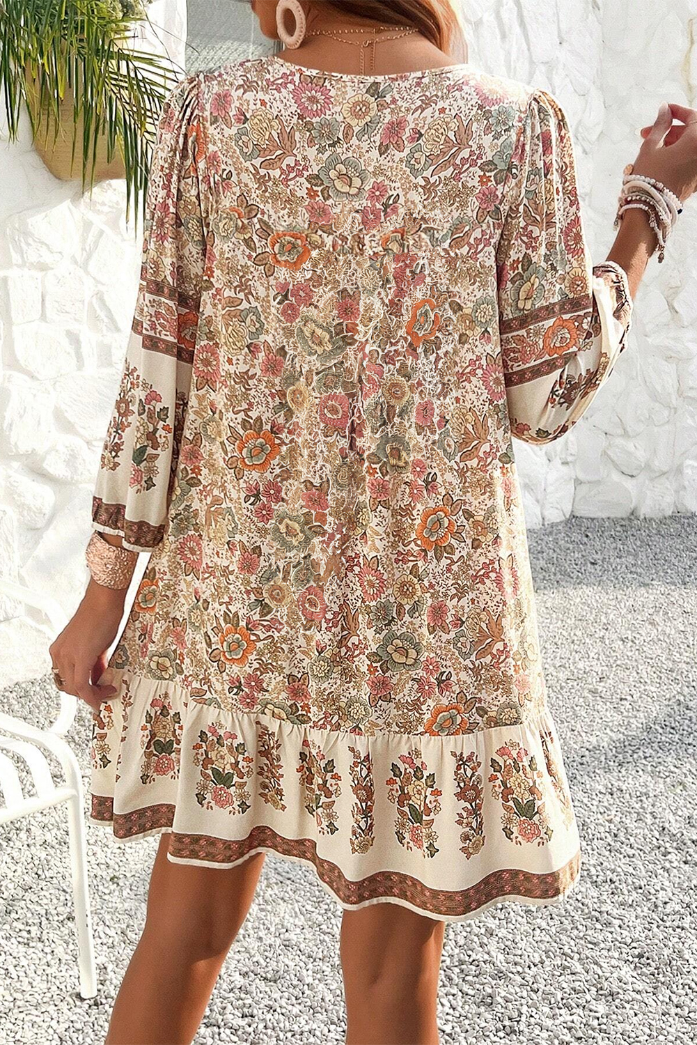 Apricot Floral Print Tassel Drawstring V Neck Loose Mini Dress - 图片 2