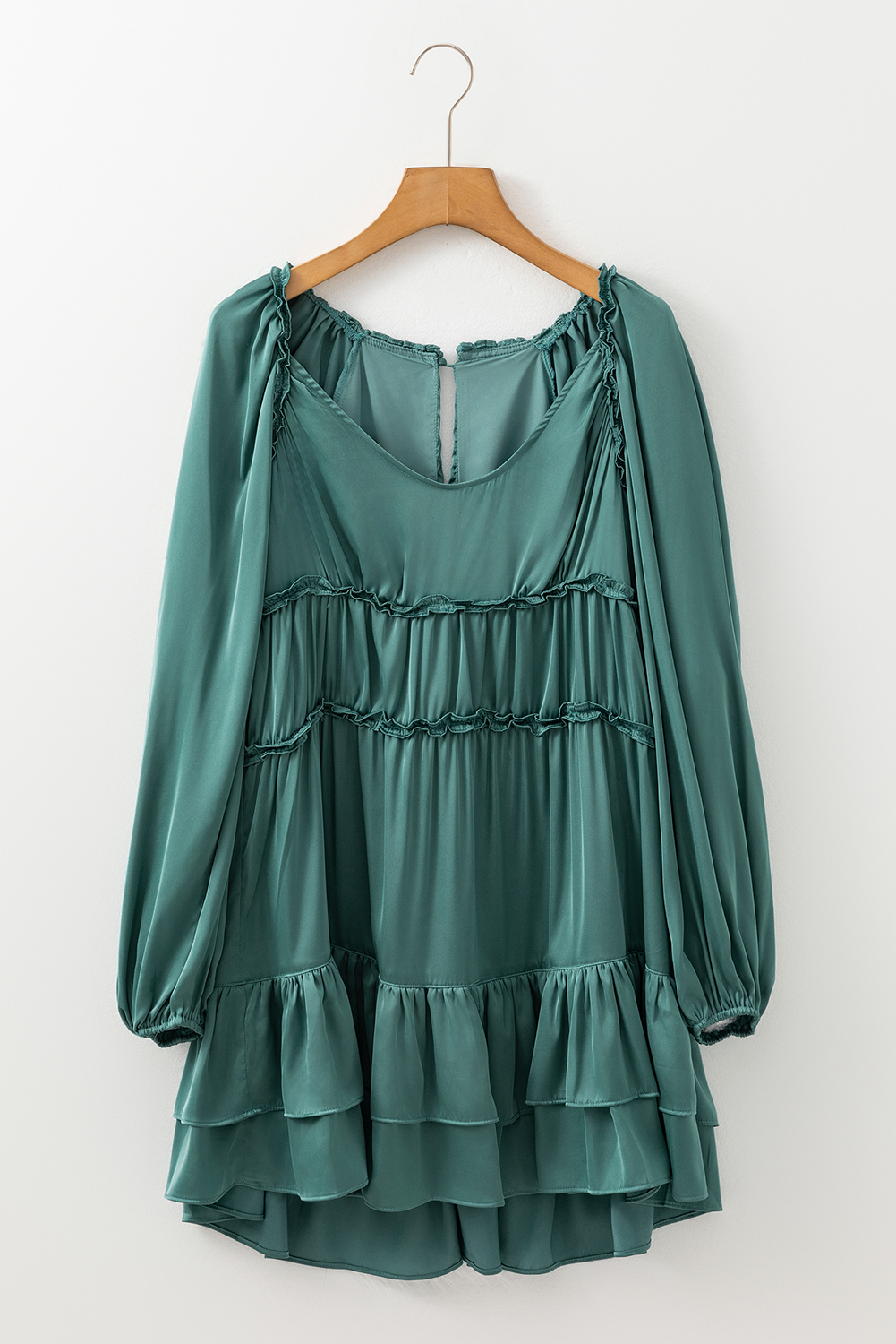 Mist Green Tiered Ruffled Puff Sleeve Loose Fit Mini Dress - 图片 6