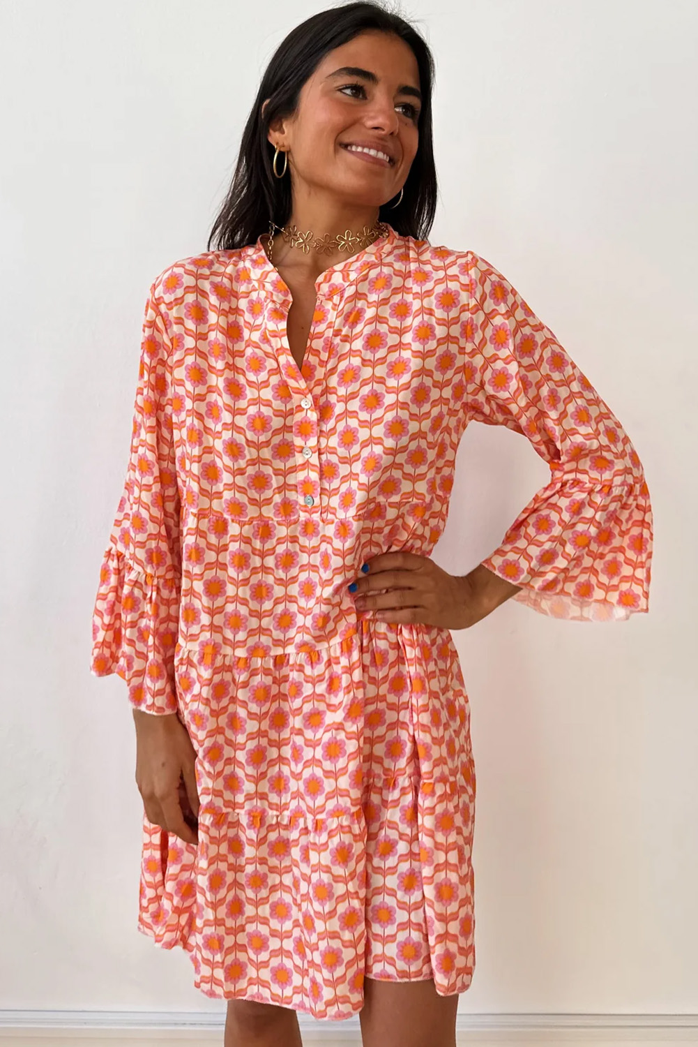 Orange Floral Print Flounce Sleeve Buttoned Front Mini Dress - 图片 3