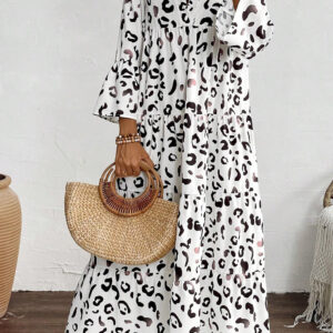 White Leopard Print Notch V Neck Loose Fit Maxi Dress