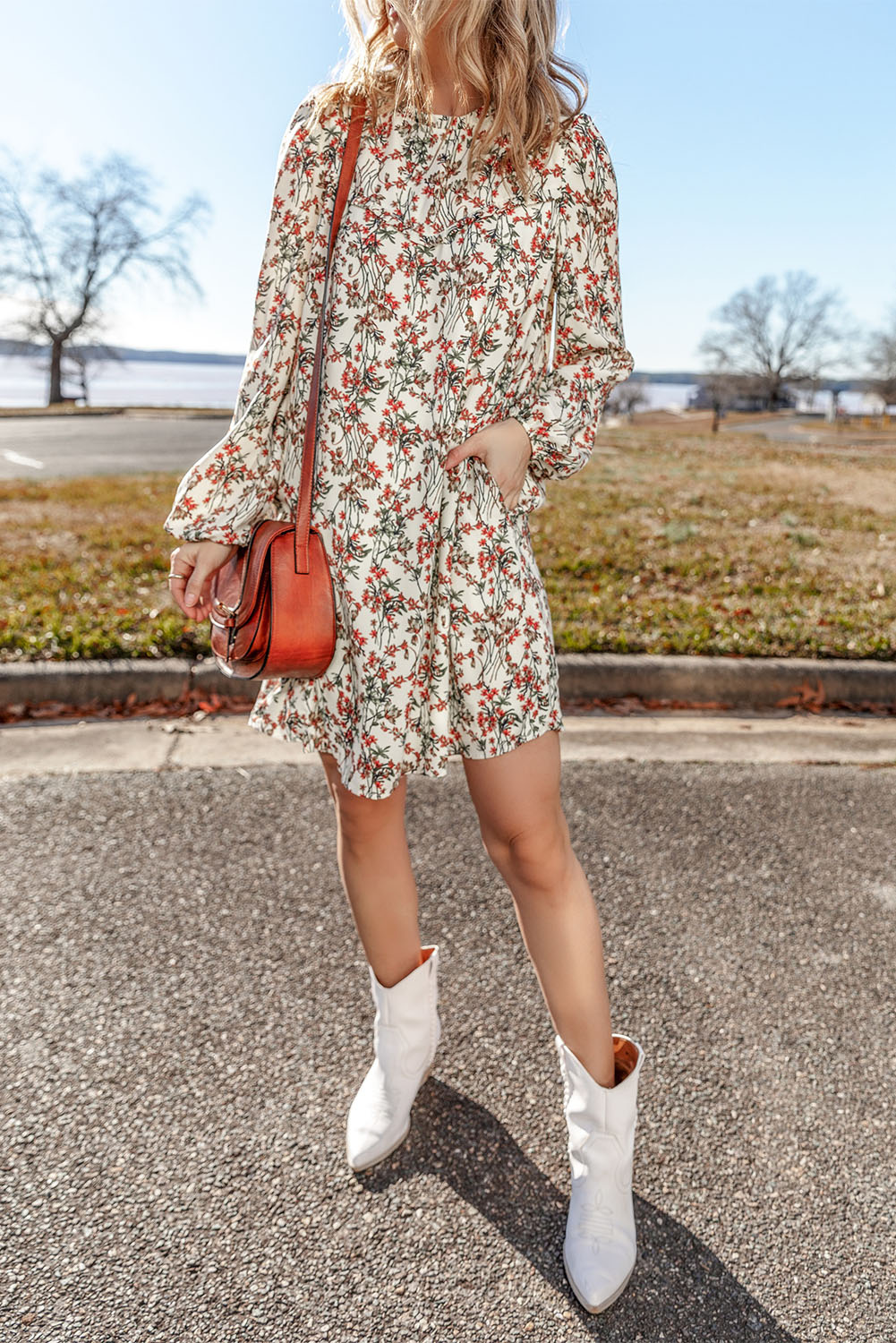 White Floral Printed Long Sleeve Mini Dress - 图片 6