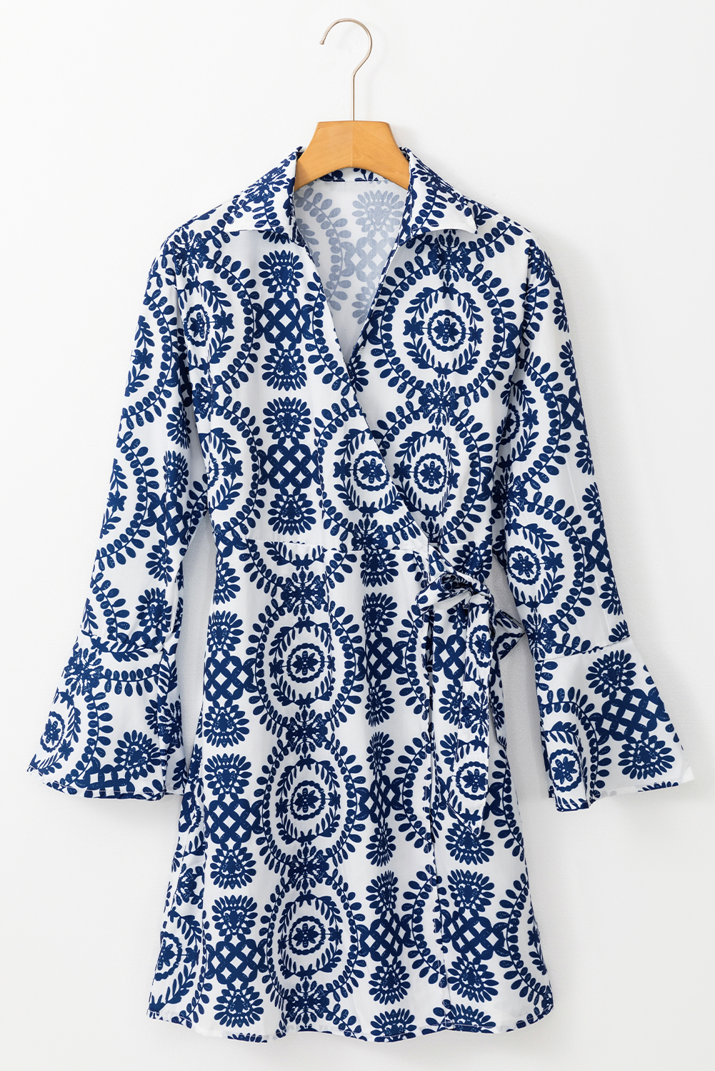 Blue Floral Print V Neck Wrapped Knot Long Sleeve Dress - 图片 8