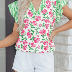 Multicolour Sweet Floral Print Striped Ruffle Trim V Neck Blouse