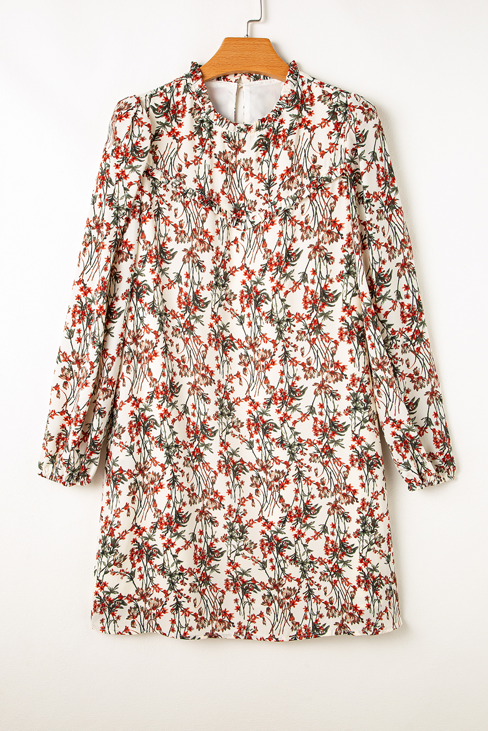 White Floral Printed Long Sleeve Mini Dress - 图片 7