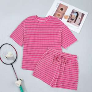 Rose Stripe Raised Rib Loose Tee Drawstring Elastic Waist 2pcs Short Set