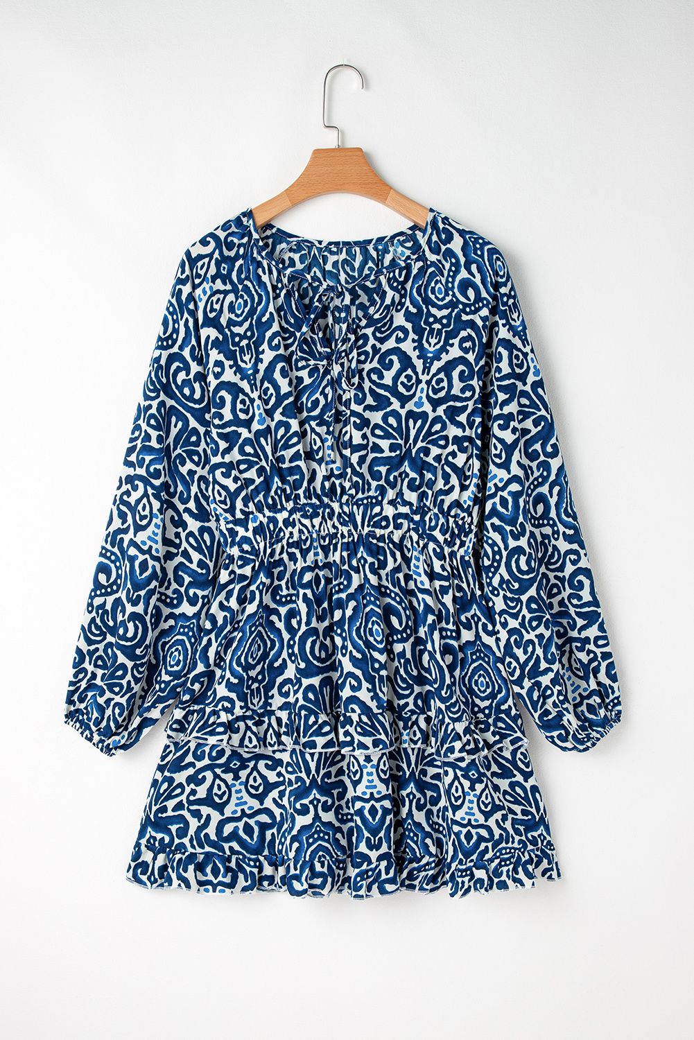 Blue Vintage Print Lace up V Neck Long Sleeve Mini Dress - 图片 6