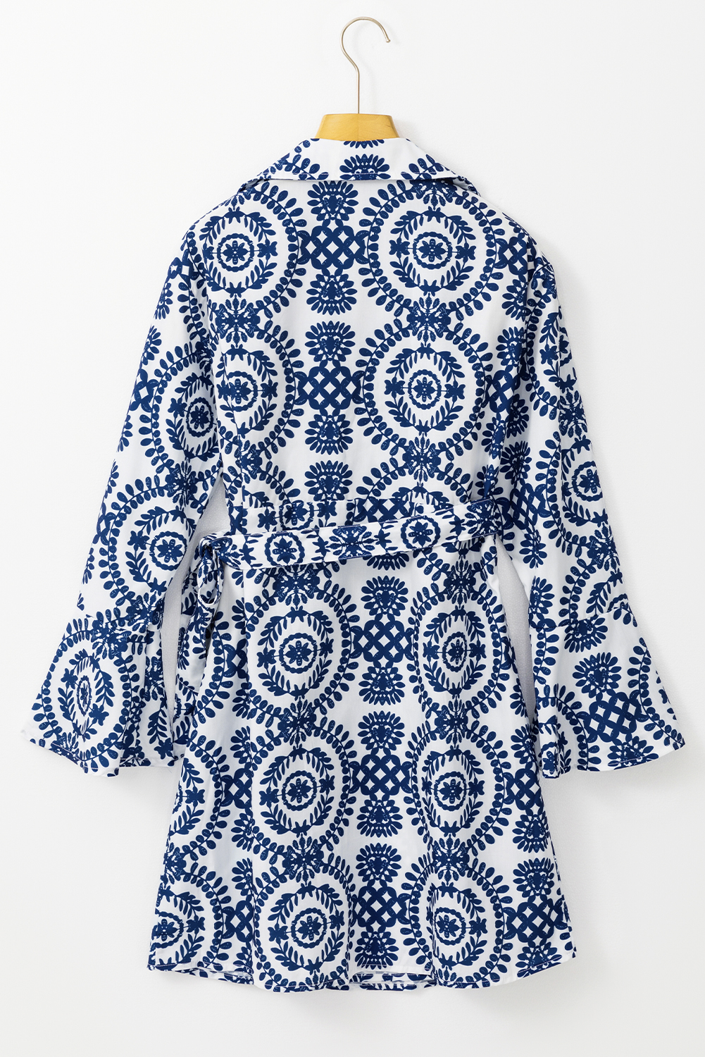 Blue Floral Print V Neck Wrapped Knot Long Sleeve Dress - 图片 7