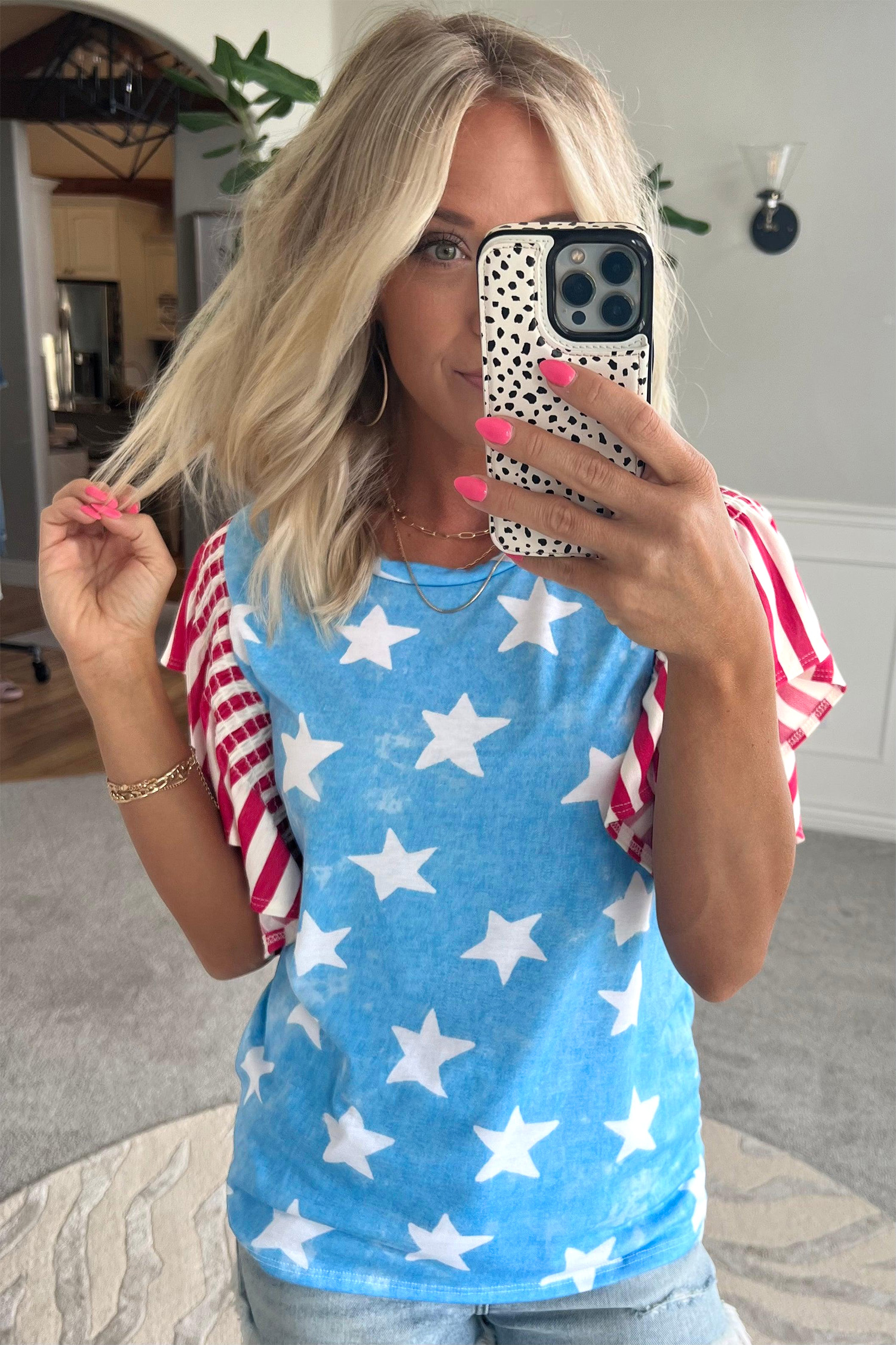 Sky Blue Vintage Star Print Striped Ruffle Sleeve Independence Day Top - 图片 2