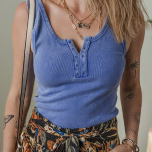 Sky Blue Mineral Wash Ribbed Notch Neck Tank Top