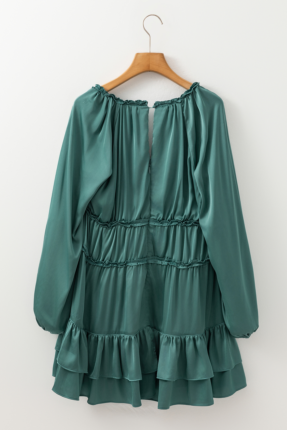 Mist Green Tiered Ruffled Puff Sleeve Loose Fit Mini Dress - 图片 7