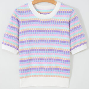 Purple Abstract Striped Knit Short Sleeve Sweater
