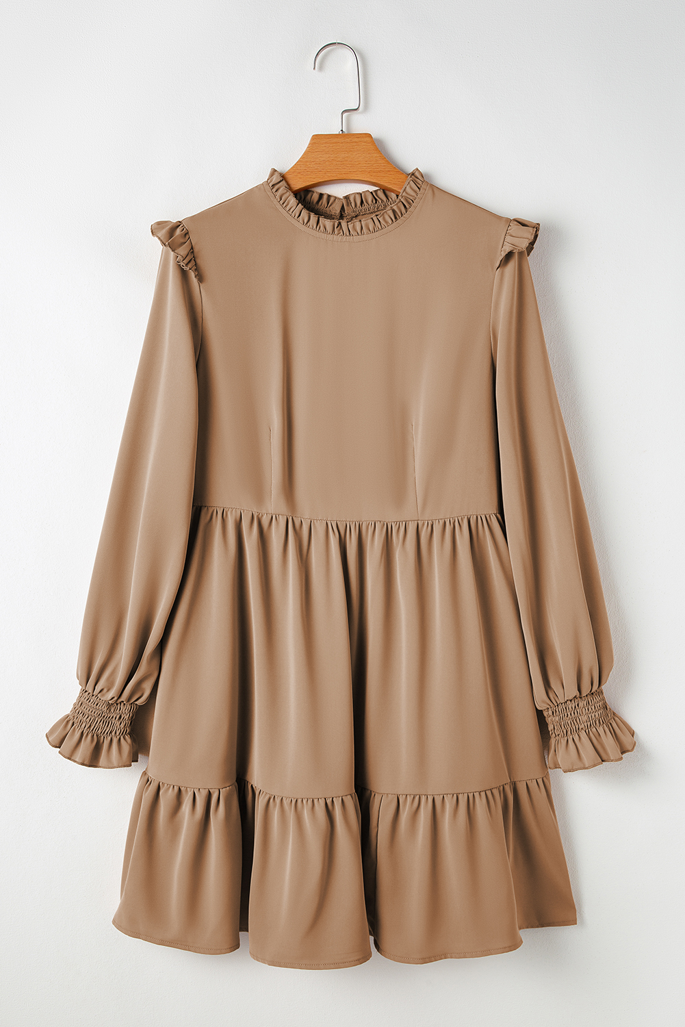 Light French Beige Frilled Collar Ruffled Shoulder Tiered Dress - 图片 7