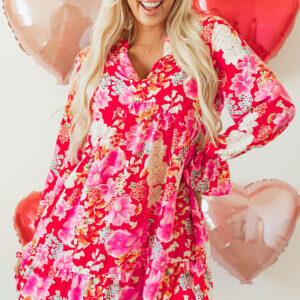 Red Floral Print High Waist V Neck Babydoll Mini Dress