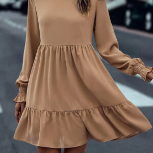 Light French Beige Frilled Collar Ruffled Shoulder Tiered Dress