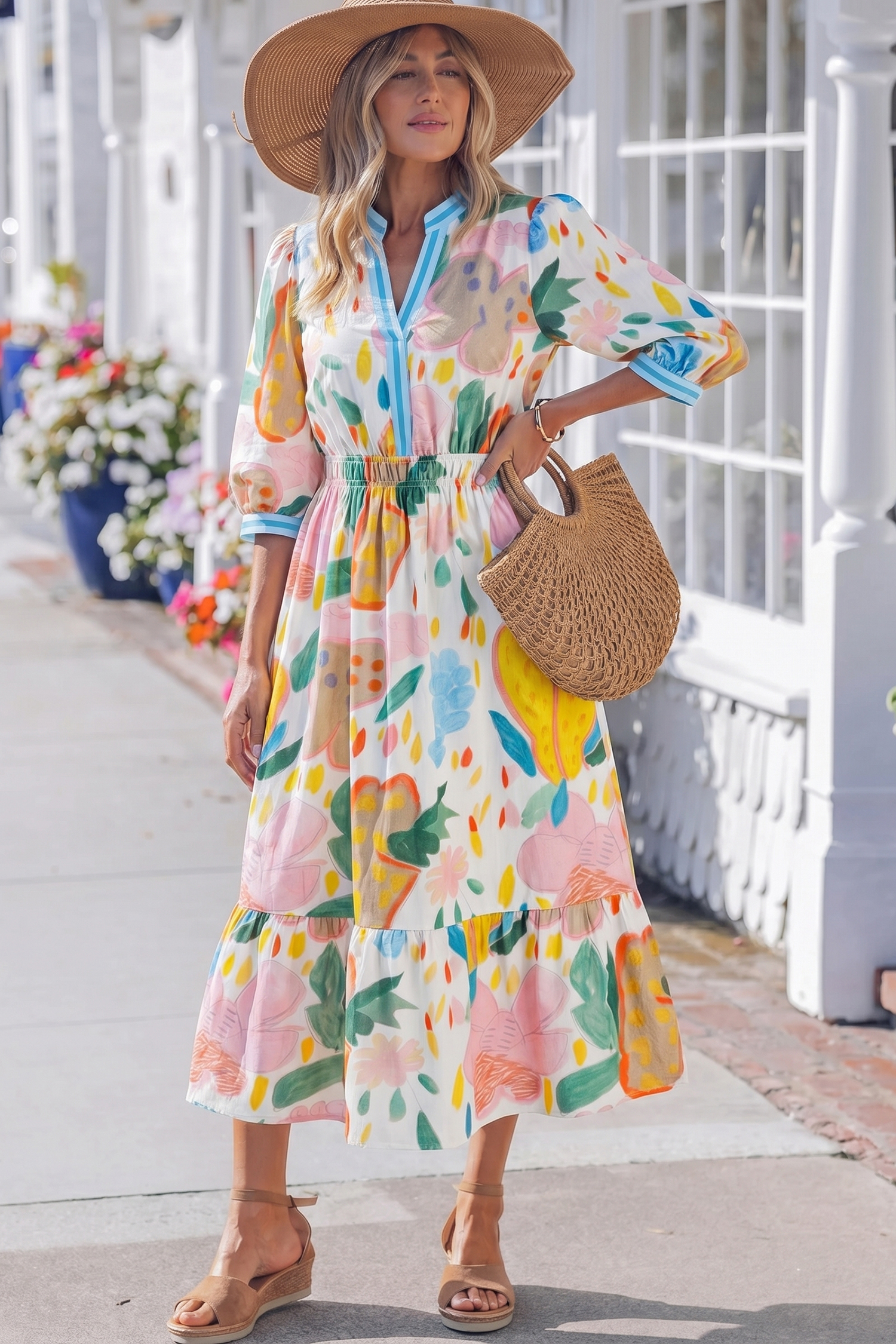Multicolour Floral Doodle Print Striped Trim V Neck Midi Dress - 图片 3