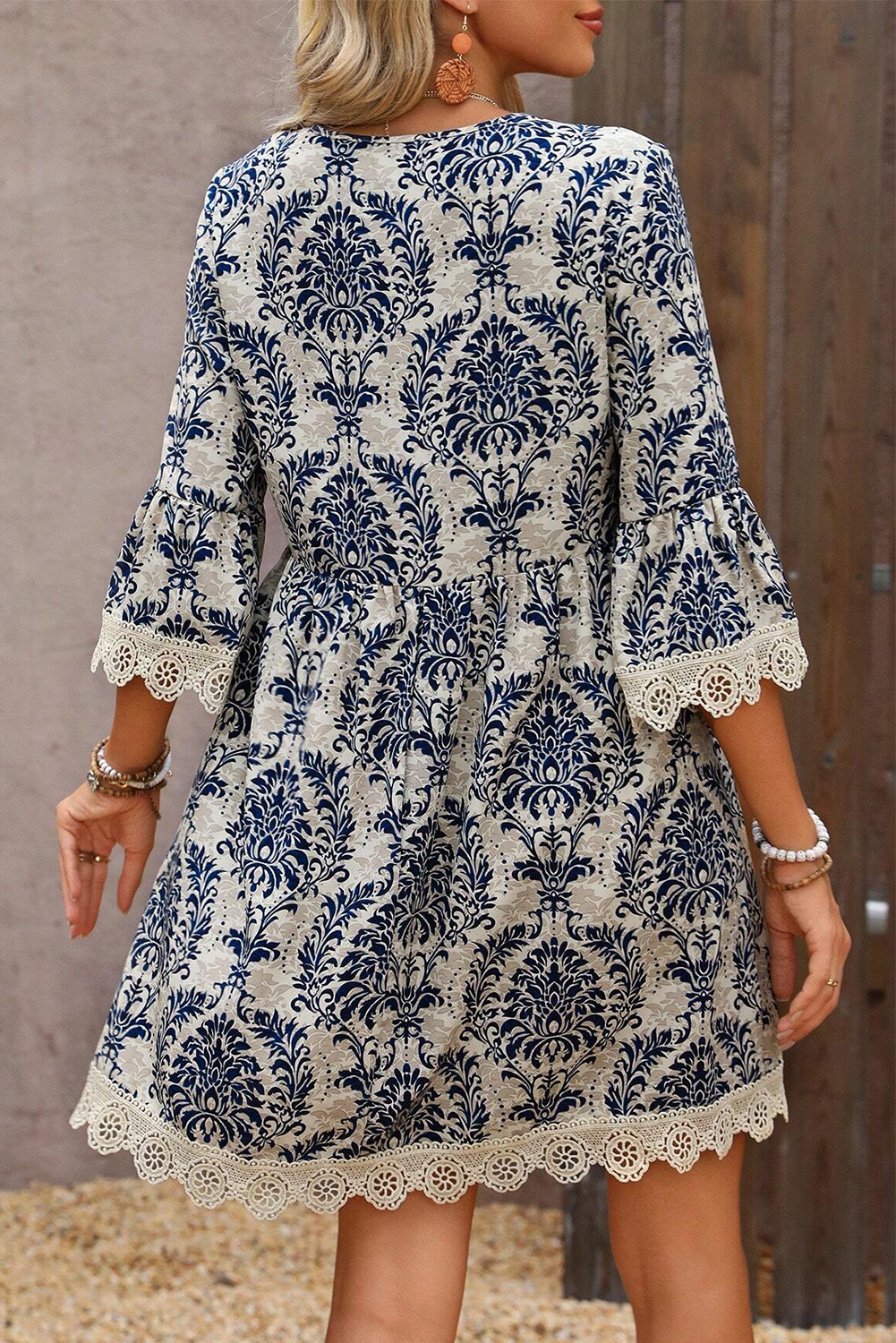Sky Blue Vintage Printed Lace Trim V Neck 3/4 Sleeve Loose Dress - 图片 2