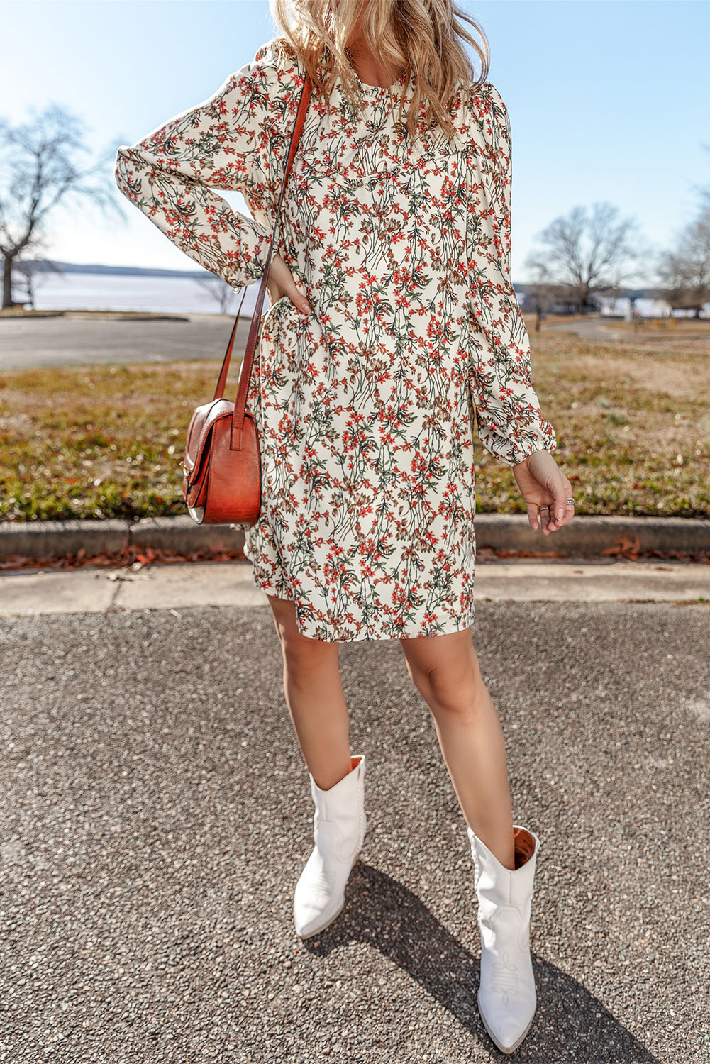 White Floral Printed Long Sleeve Mini Dress - 图片 5