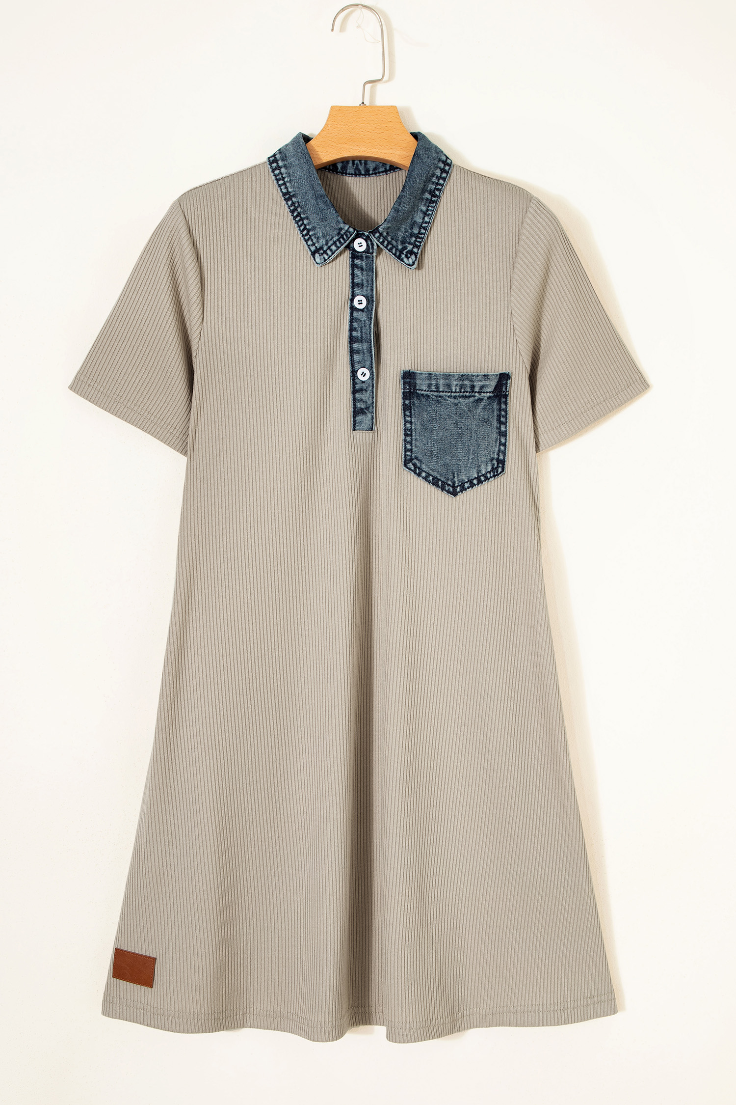 Beige Short Sleeve Ribbed Knit Denim Patchwork Polo Collar Dress - 图片 5