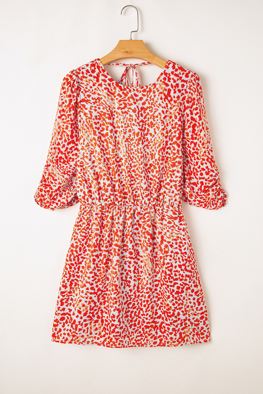 Tomato Red Leopard Print Long Sleeve Hollowed Back Split Mini Dress - 图片 7