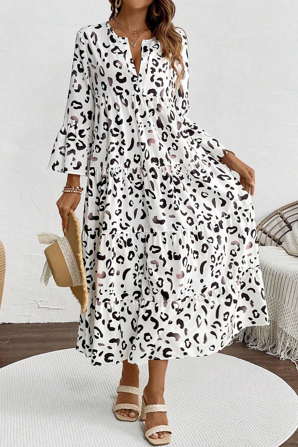 White Leopard Print Notch V Neck Loose Fit Maxi Dress - 图片 6