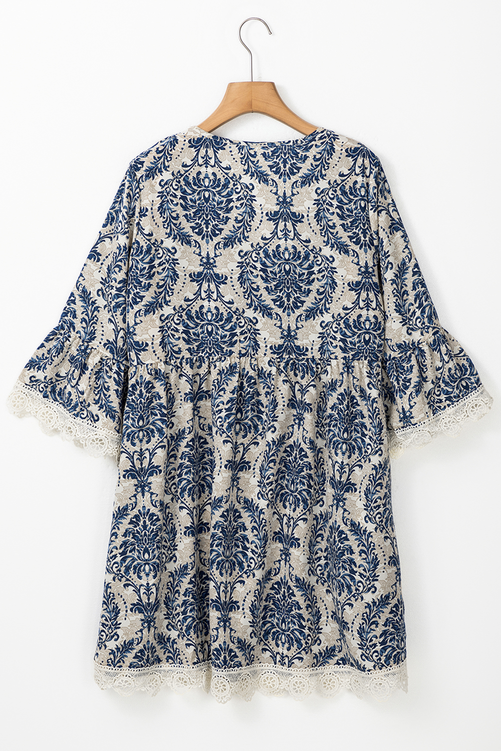 Sky Blue Vintage Printed Lace Trim V Neck 3/4 Sleeve Loose Dress - 图片 8