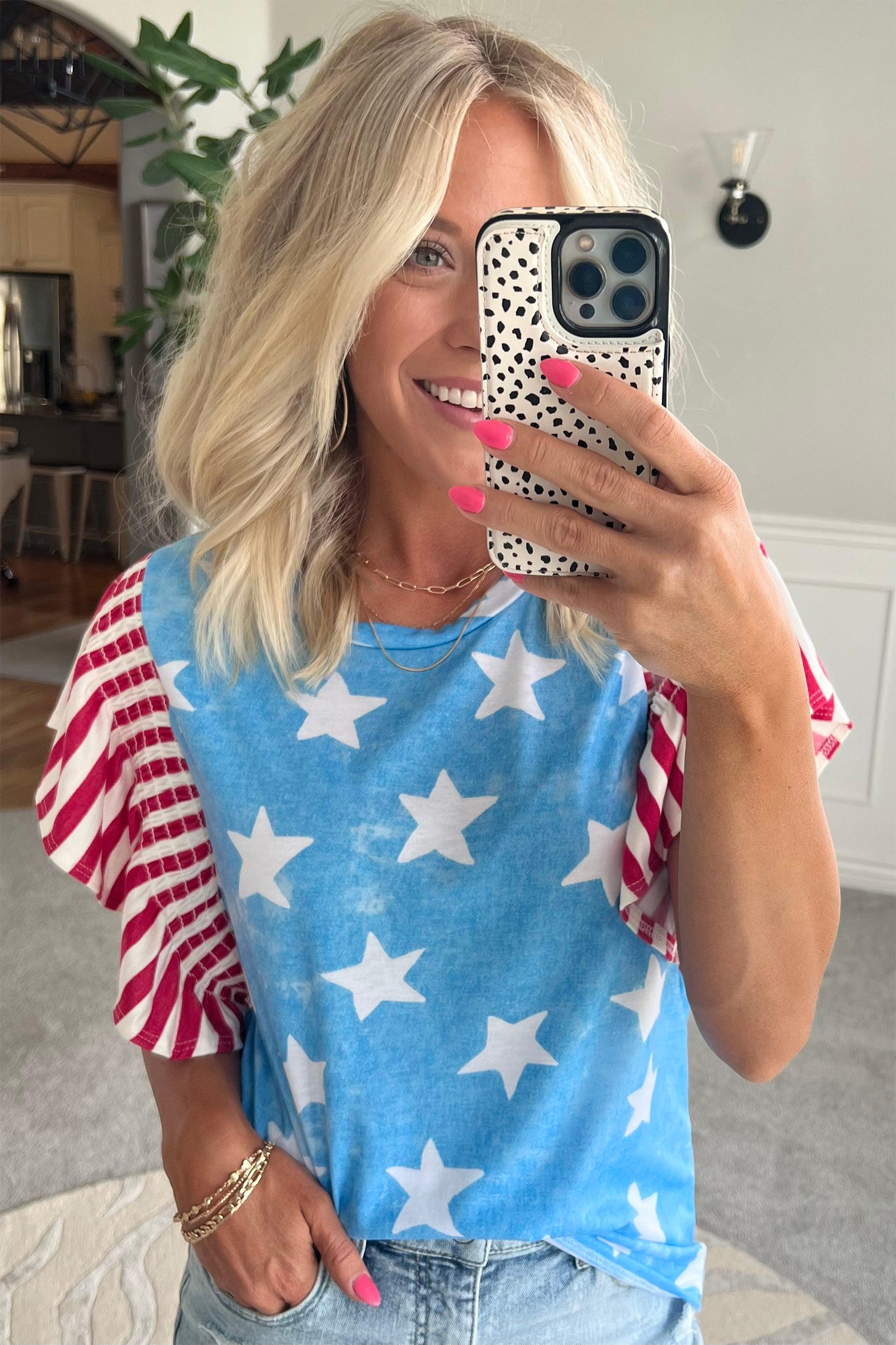 Sky Blue Vintage Star Print Striped Ruffle Sleeve Independence Day Top - 图片 6
