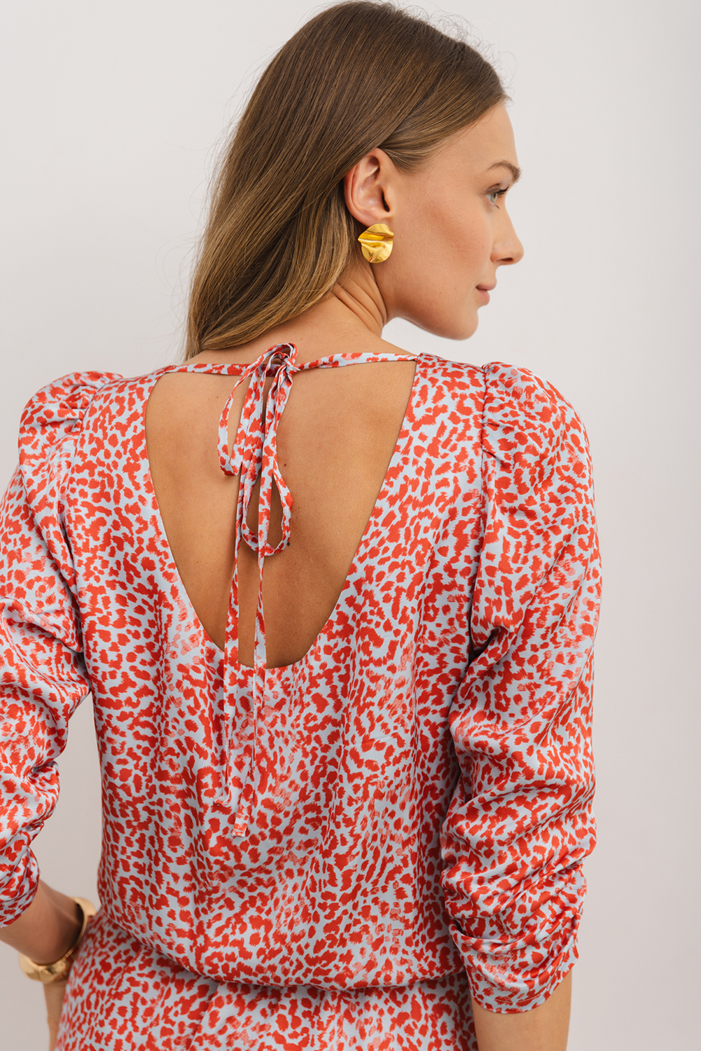 Tomato Red Leopard Print Long Sleeve Hollowed Back Split Mini Dress - 图片 2