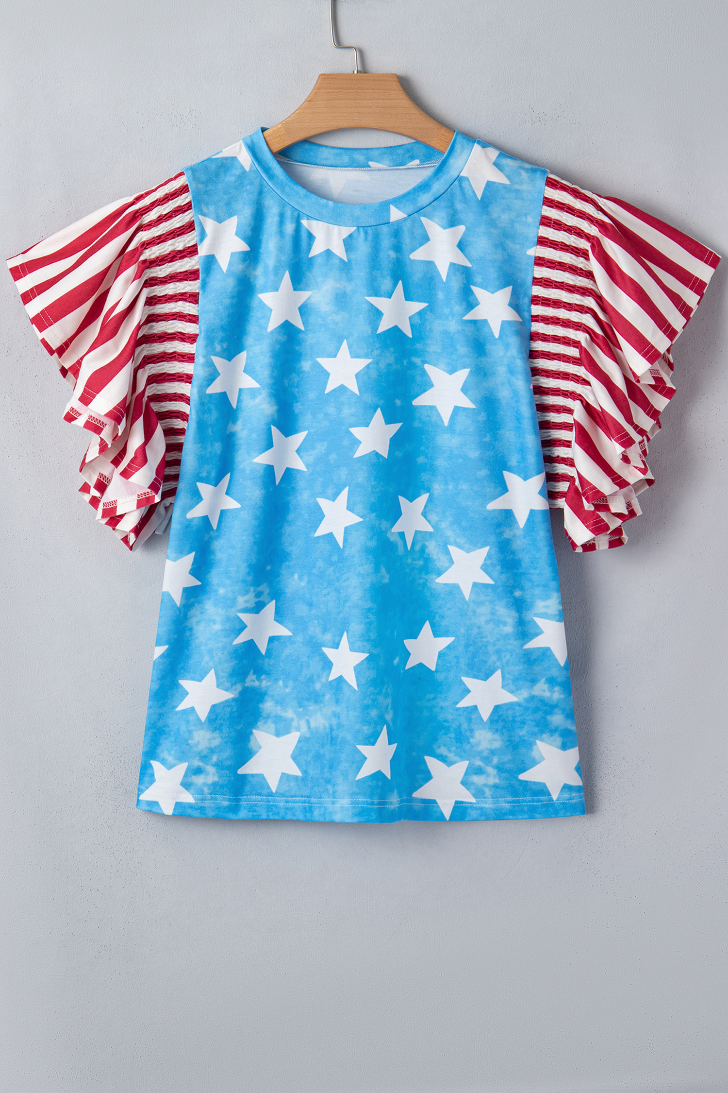 Sky Blue Vintage Star Print Striped Ruffle Sleeve Independence Day Top - 图片 7