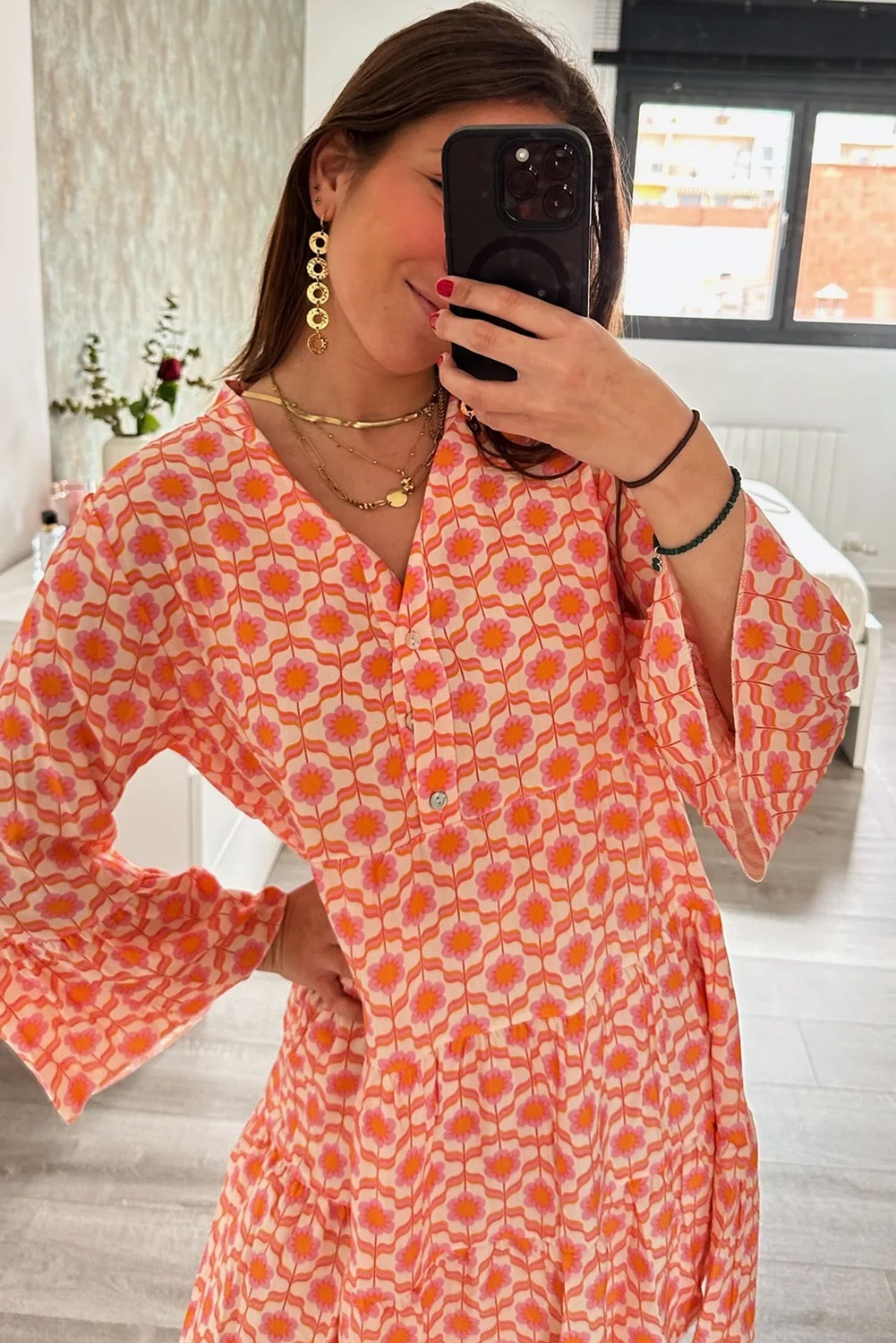Orange Floral Print Flounce Sleeve Buttoned Front Mini Dress - 图片 2
