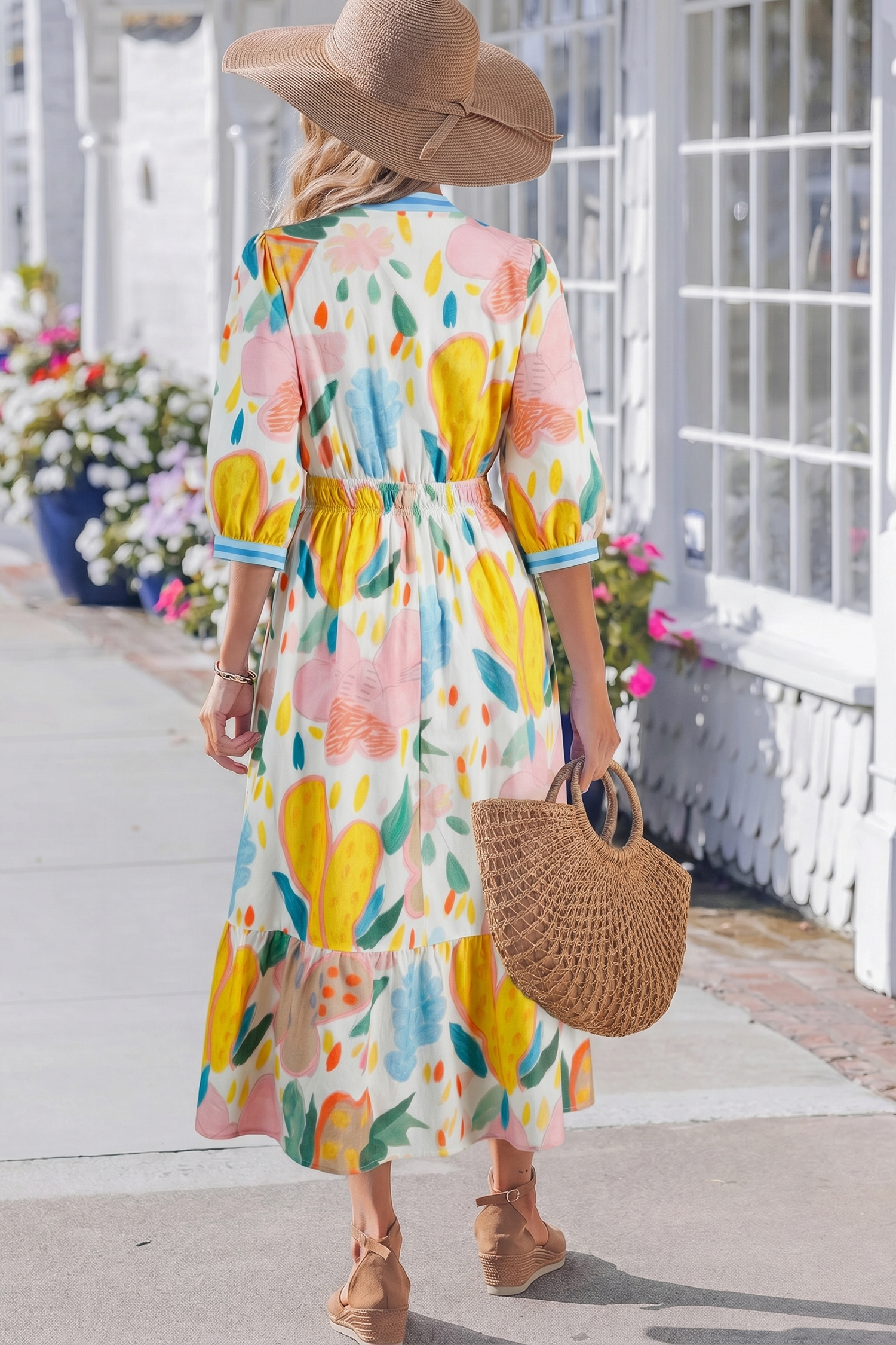 Multicolour Floral Doodle Print Striped Trim V Neck Midi Dress - 图片 2
