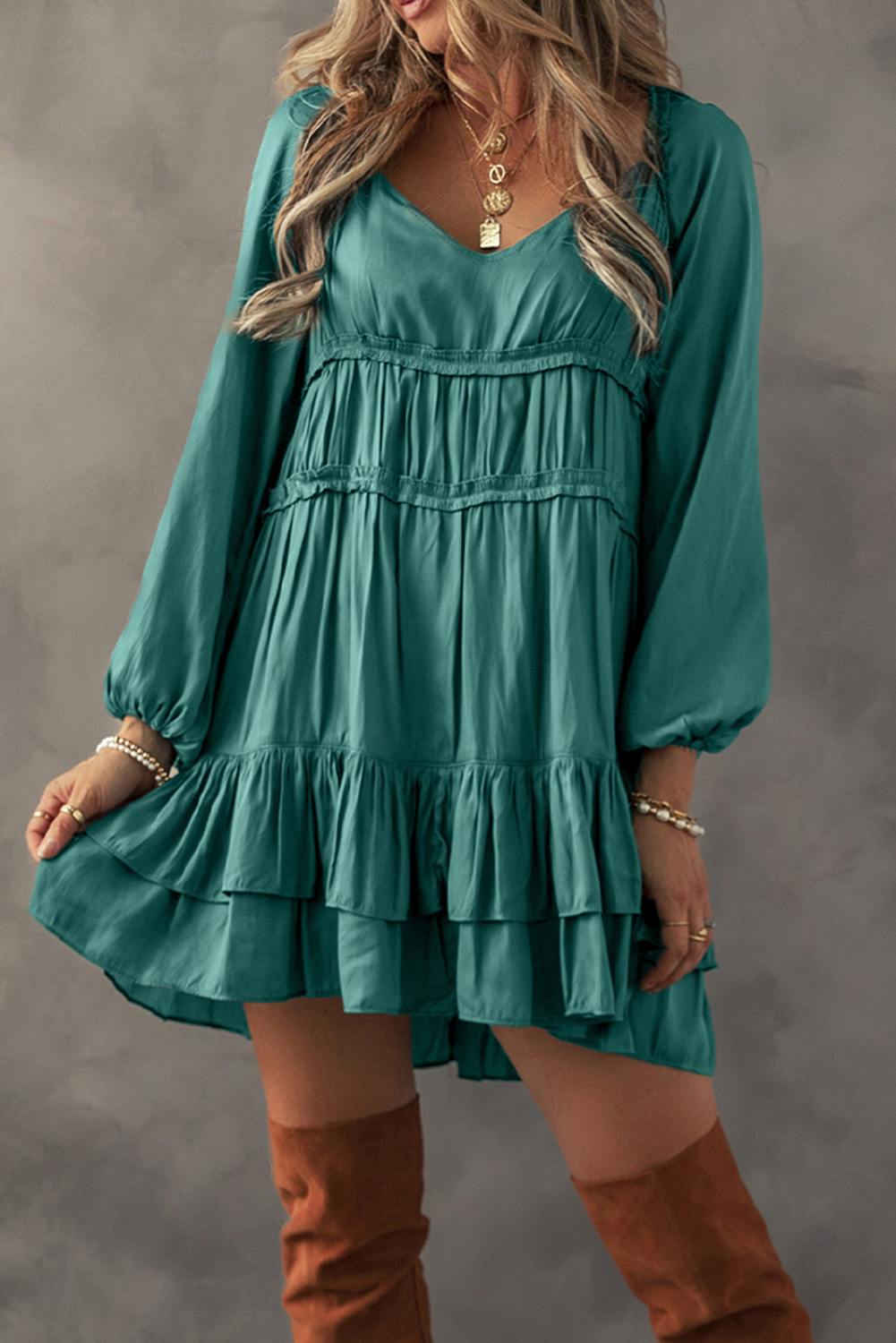 Mist Green Tiered Ruffled Puff Sleeve Loose Fit Mini Dress - 图片 3