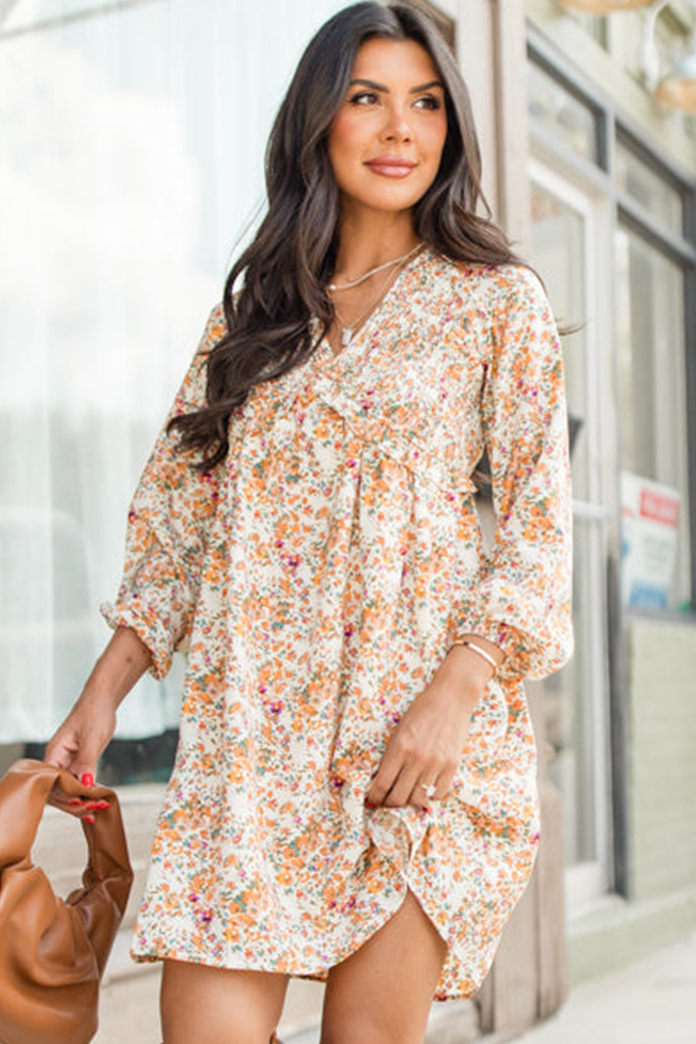 Yellow Boho Floral V Neck Ruffled Empire Waist Long Sleeve Mini Dress - 图片 4