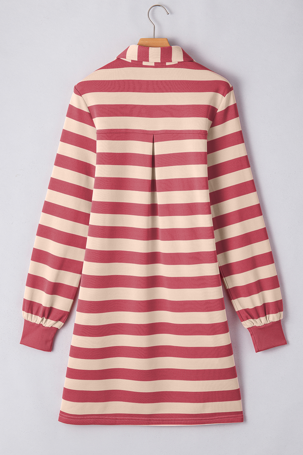 Pink Stripe Collared V Neck Long Sleeve Loose Casual Dress - 图片 8