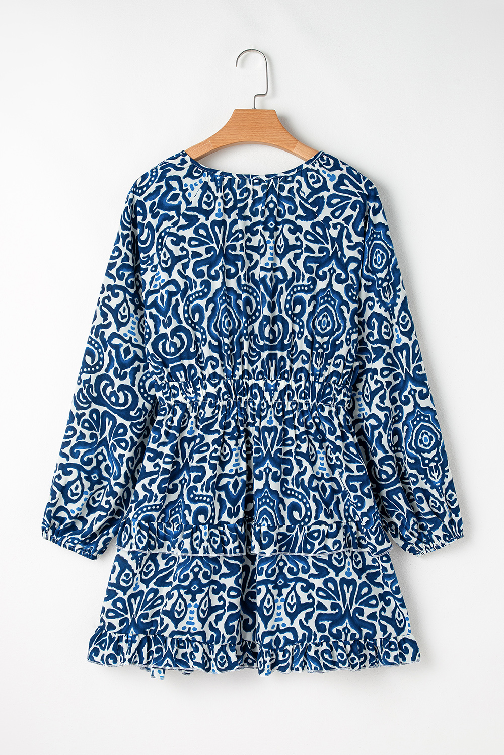 Blue Vintage Print Lace up V Neck Long Sleeve Mini Dress - 图片 5