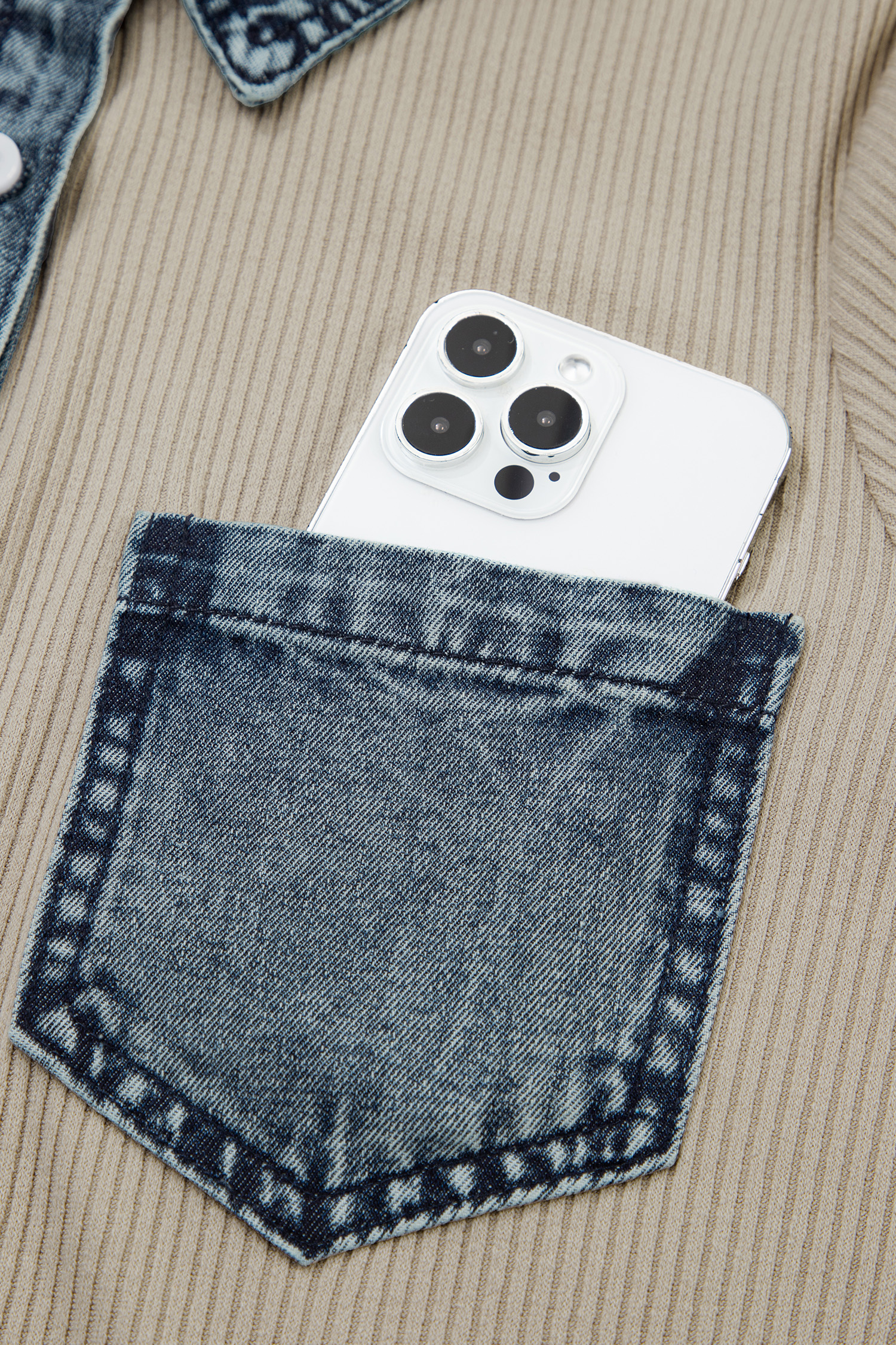 Beige Short Sleeve Ribbed Knit Denim Patchwork Polo Collar Dress - 图片 8
