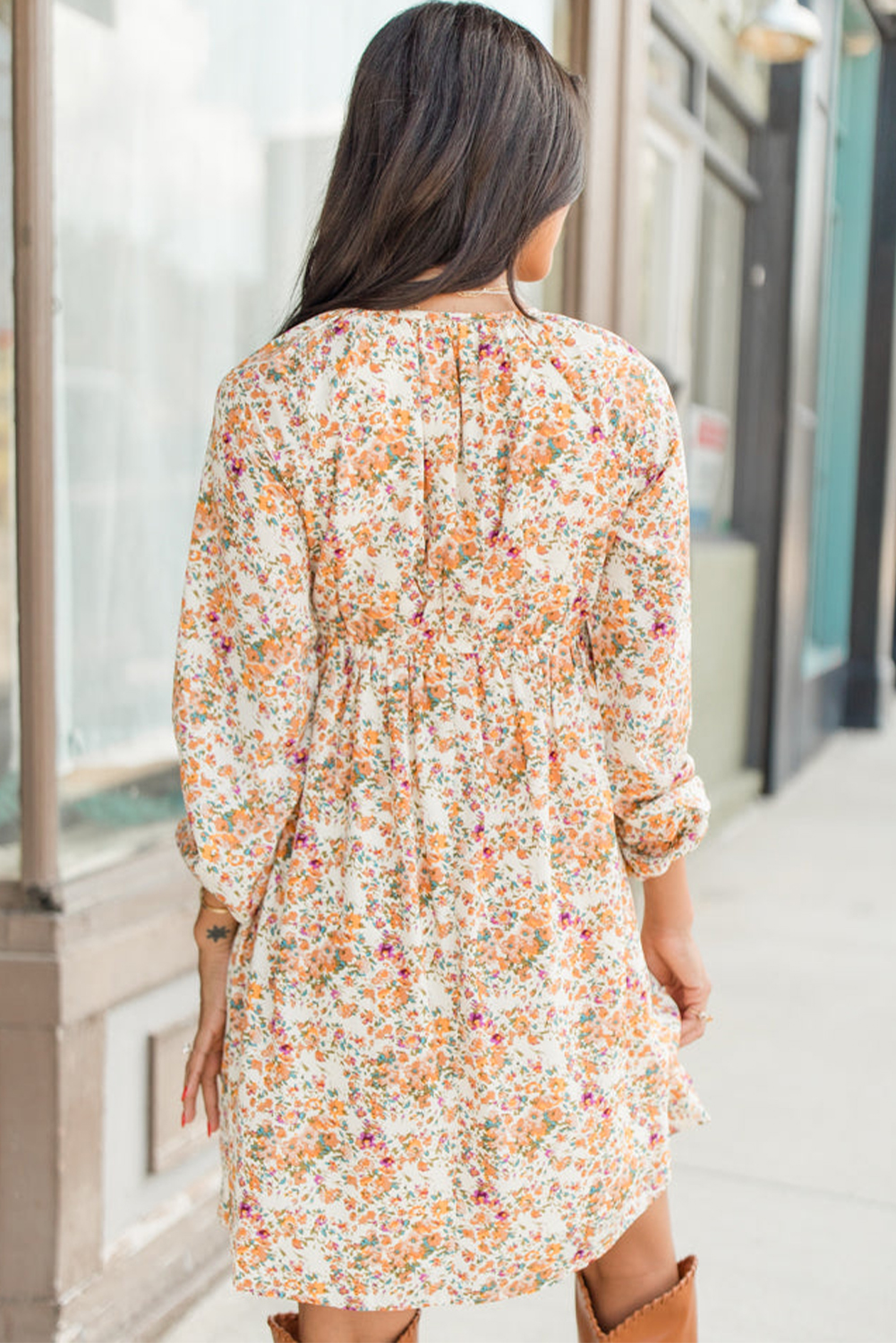 Yellow Boho Floral V Neck Ruffled Empire Waist Long Sleeve Mini Dress - 图片 2
