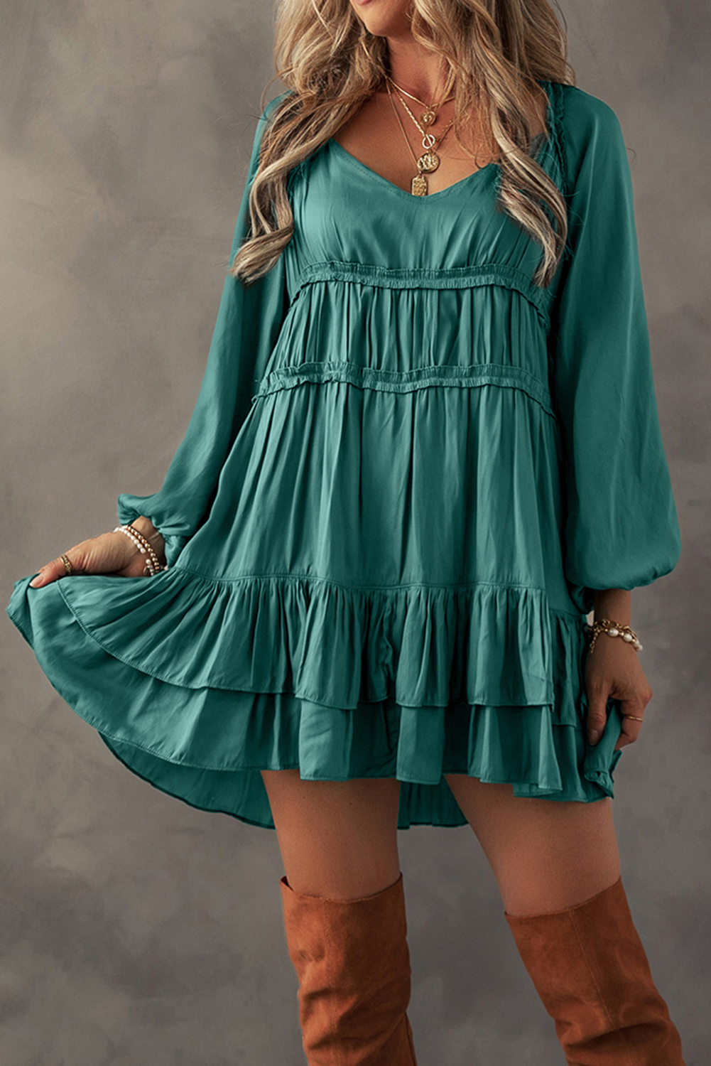 Mist Green Tiered Ruffled Puff Sleeve Loose Fit Mini Dress - 图片 4