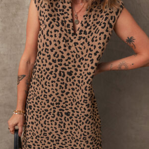 Khaki Leopard Print V Neck Sleeveless Collared Mini Dress
