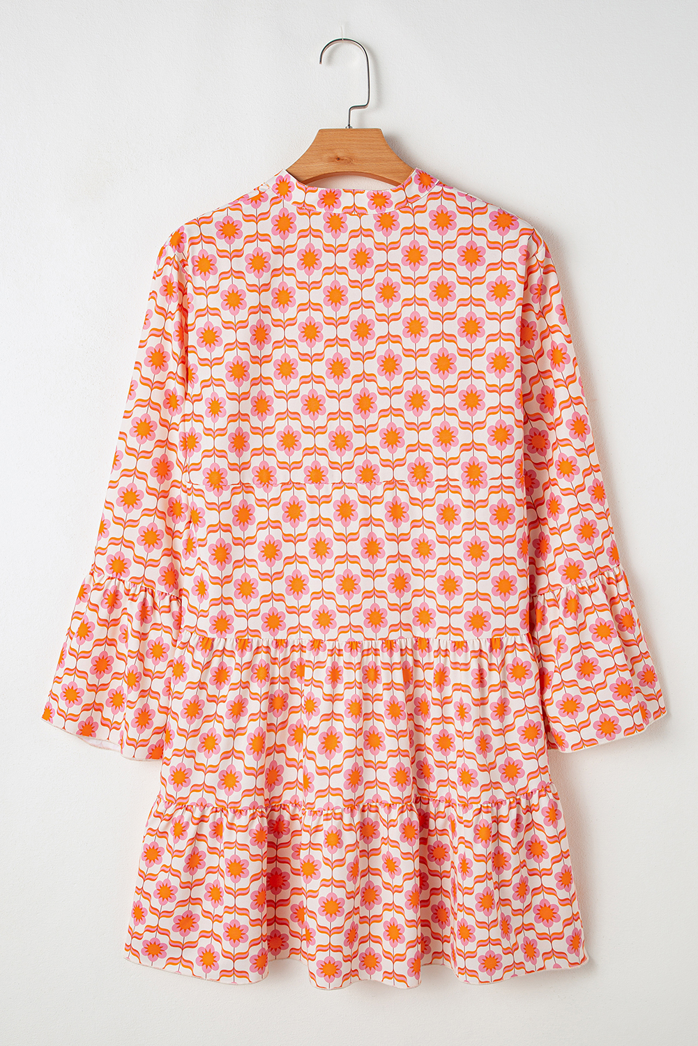 Orange Floral Print Flounce Sleeve Buttoned Front Mini Dress - 图片 7